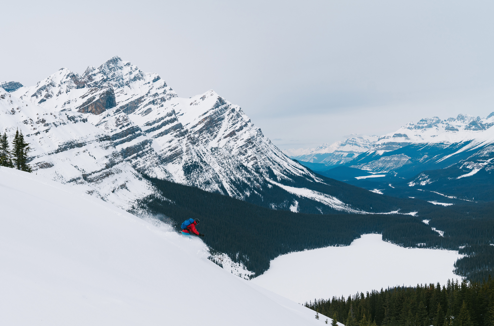 A skier off piste with a rocky snow covered mountain range behind and vast forest in the valley