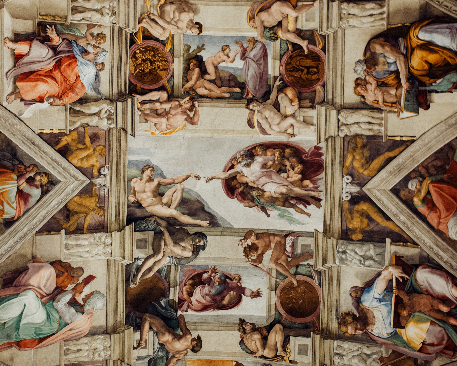 The Sistine Chapel ceiling filled with high renaissance artwork from Michelangelo