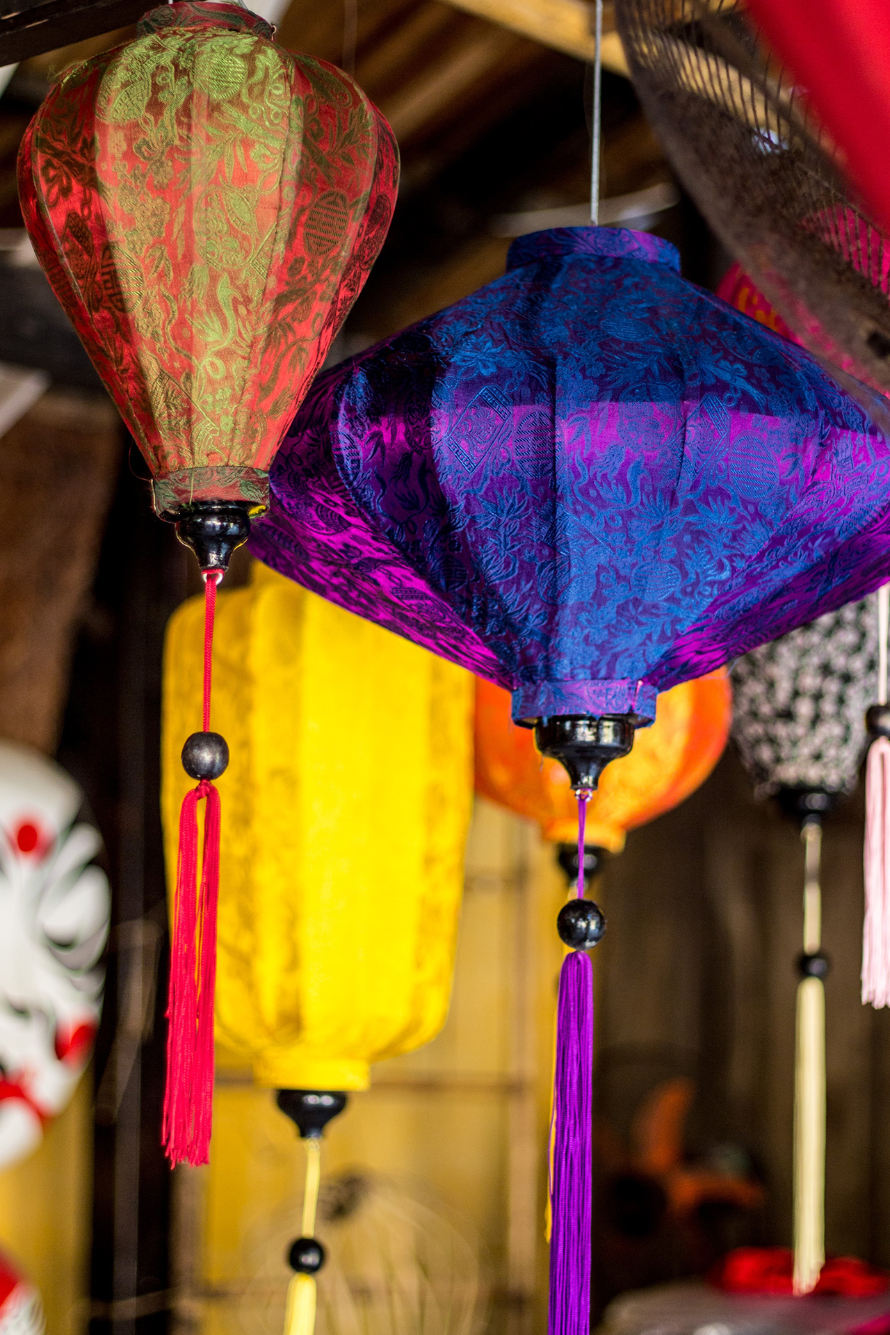 A red and blue hanging lantern
