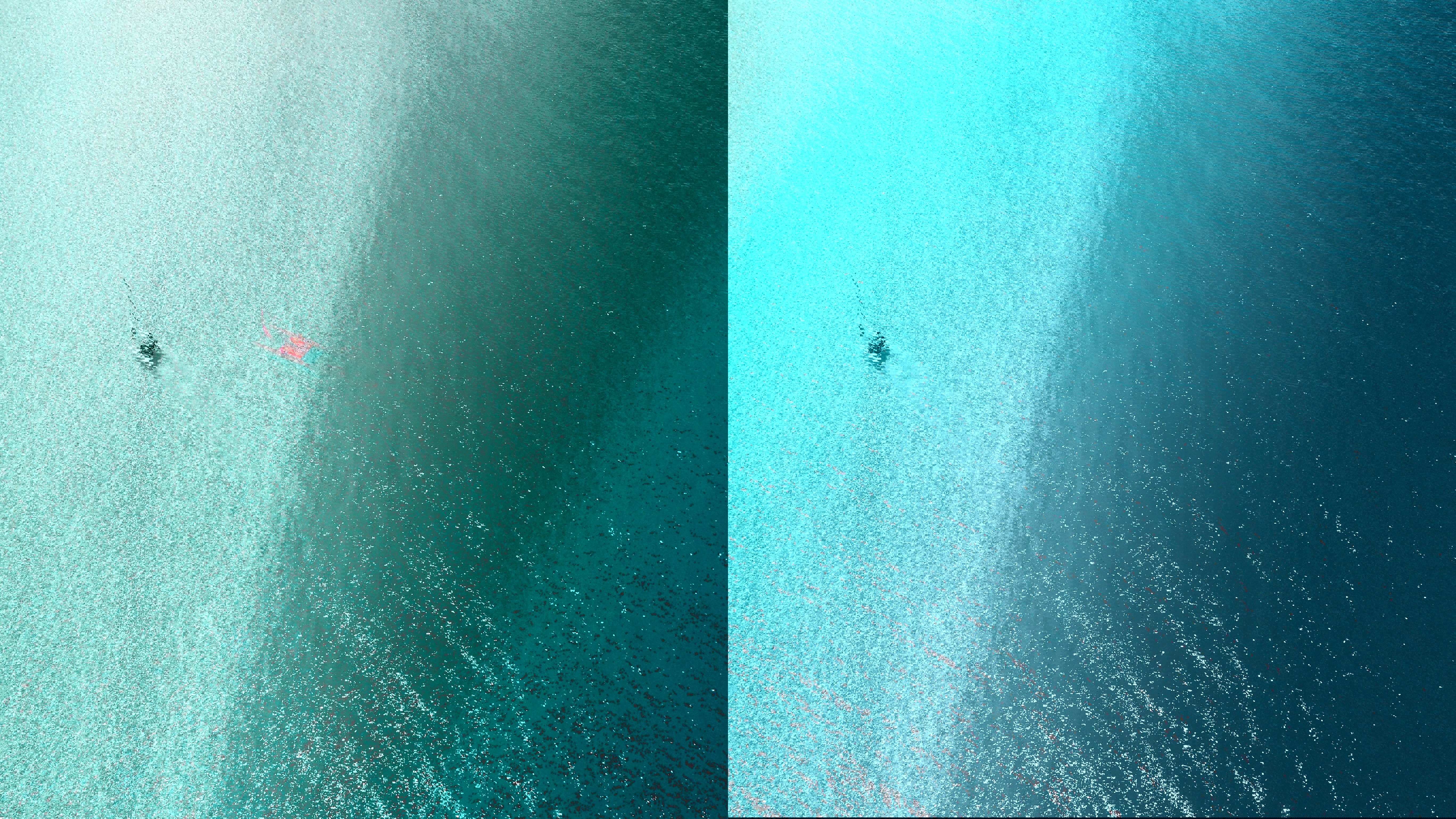 Aerial view of a small boat on clear sea water