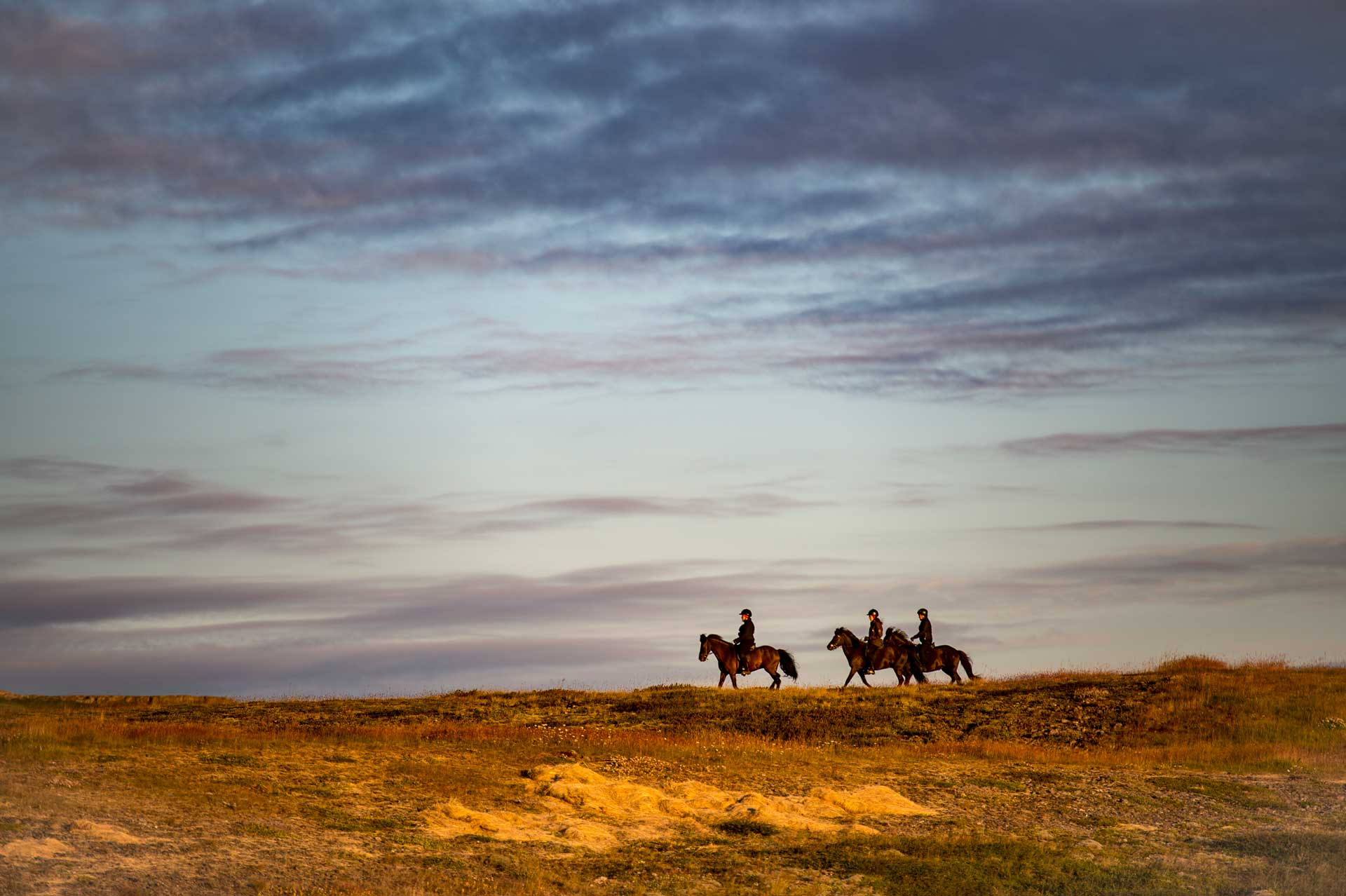Group of riders on horseback crossing an open landscape beneath a wide, cloud-filled sky at sunset.