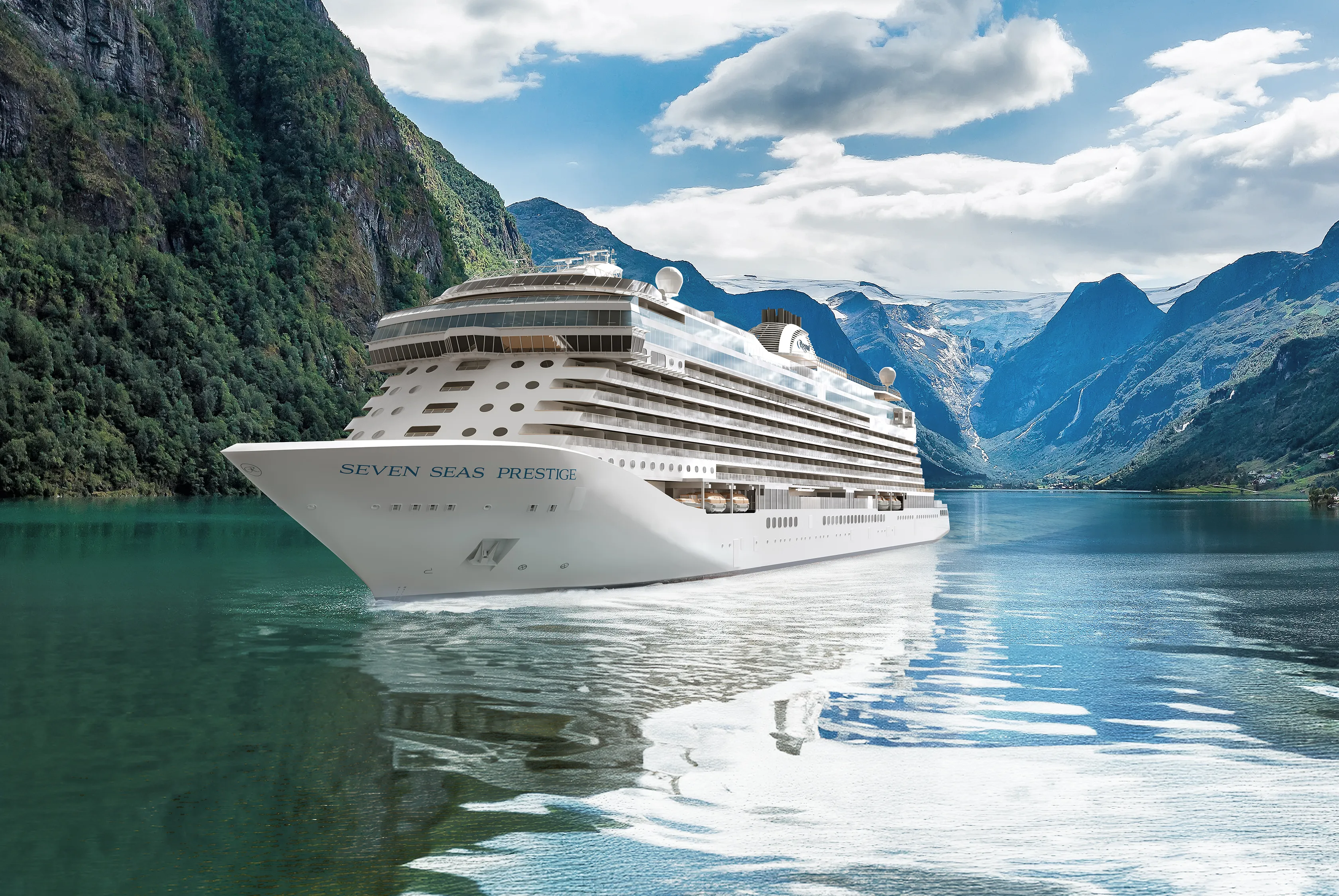Seven Seas Prestige cruise ship sailing through a fjord surrounded by lush green mountains and a partly cloudy sky.