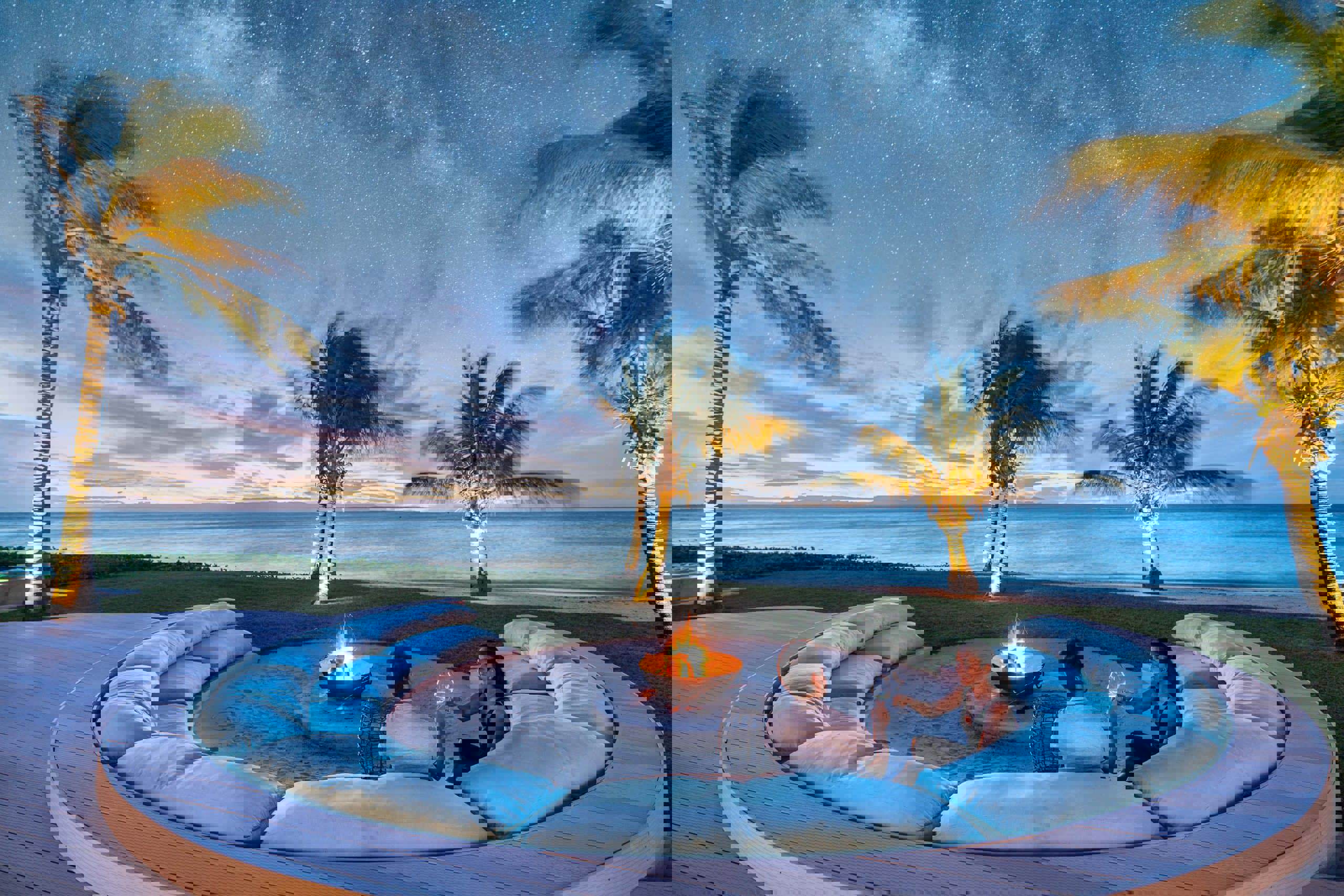 Couples having sundowners around the firepit surrounded by palm trees