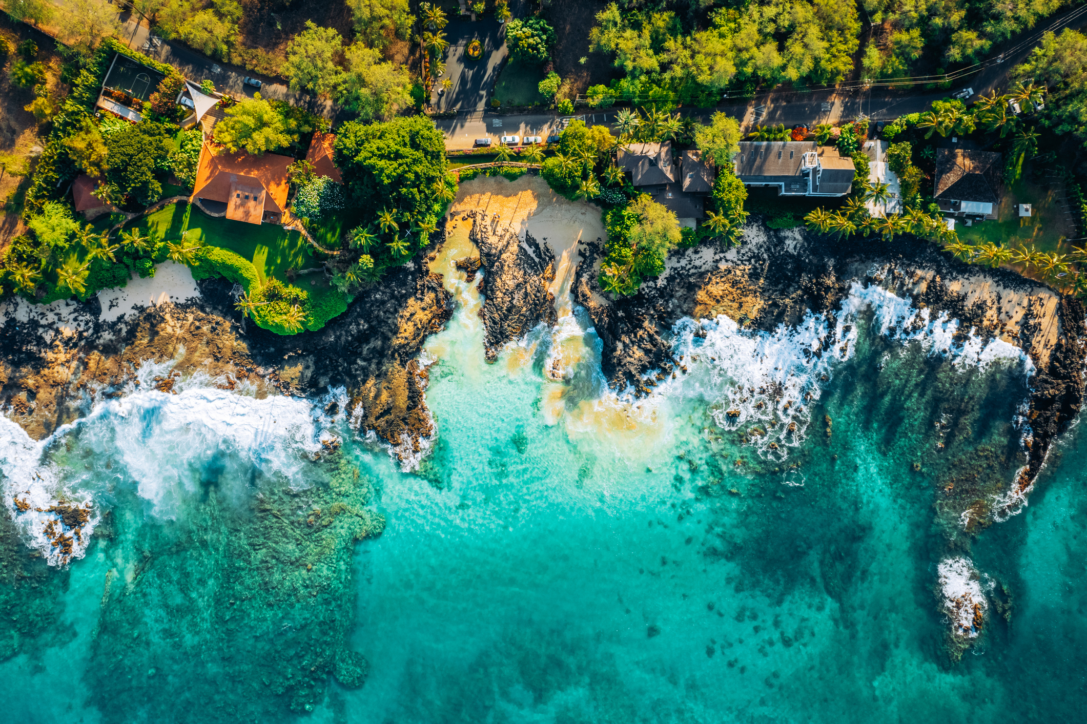 Aerial view of a rocky coastline with waves crashing against the shore, surrounded by lush greenery and buildings.
