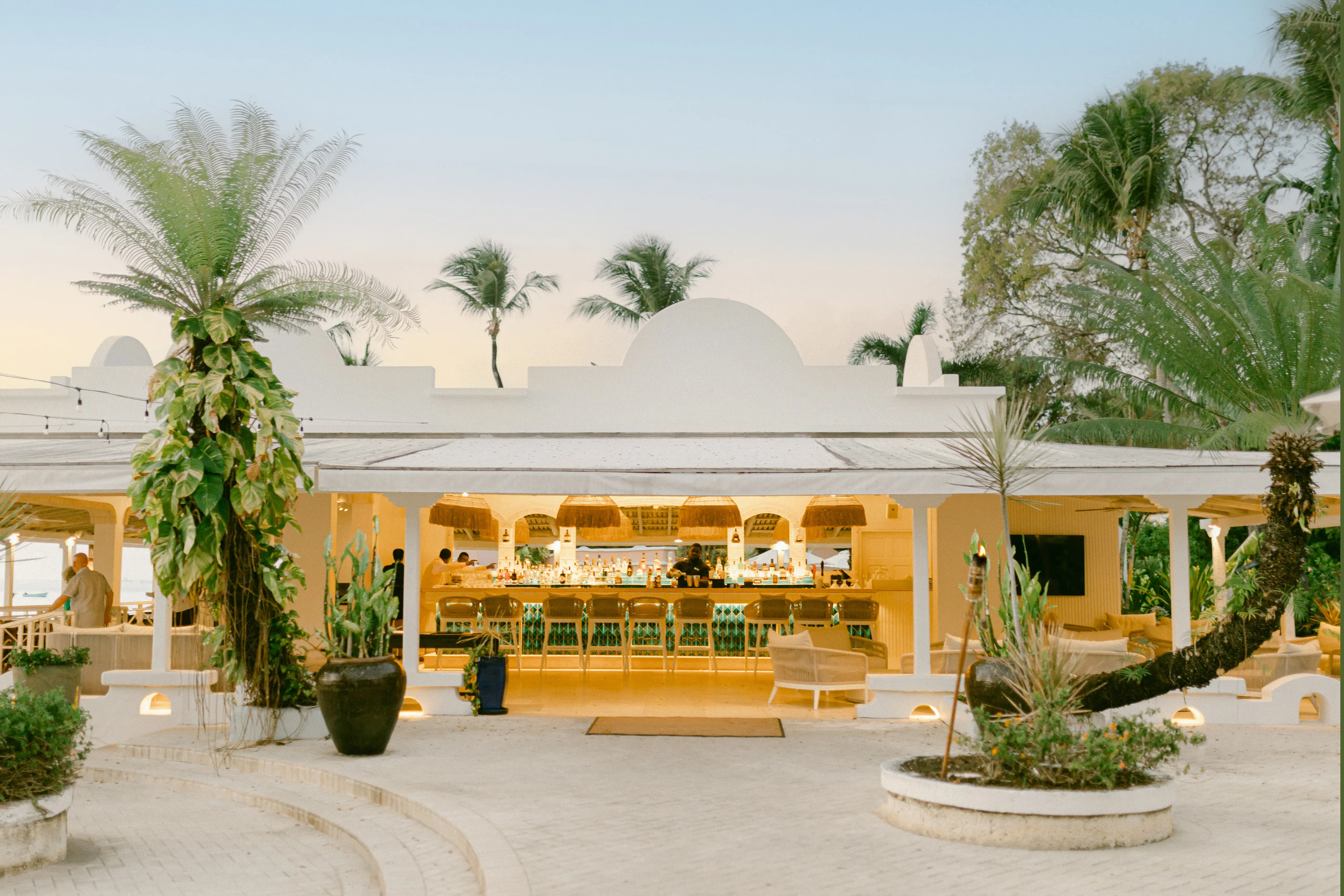 Exterior of Taboras bar within a white building at sunset flanked by palm trees