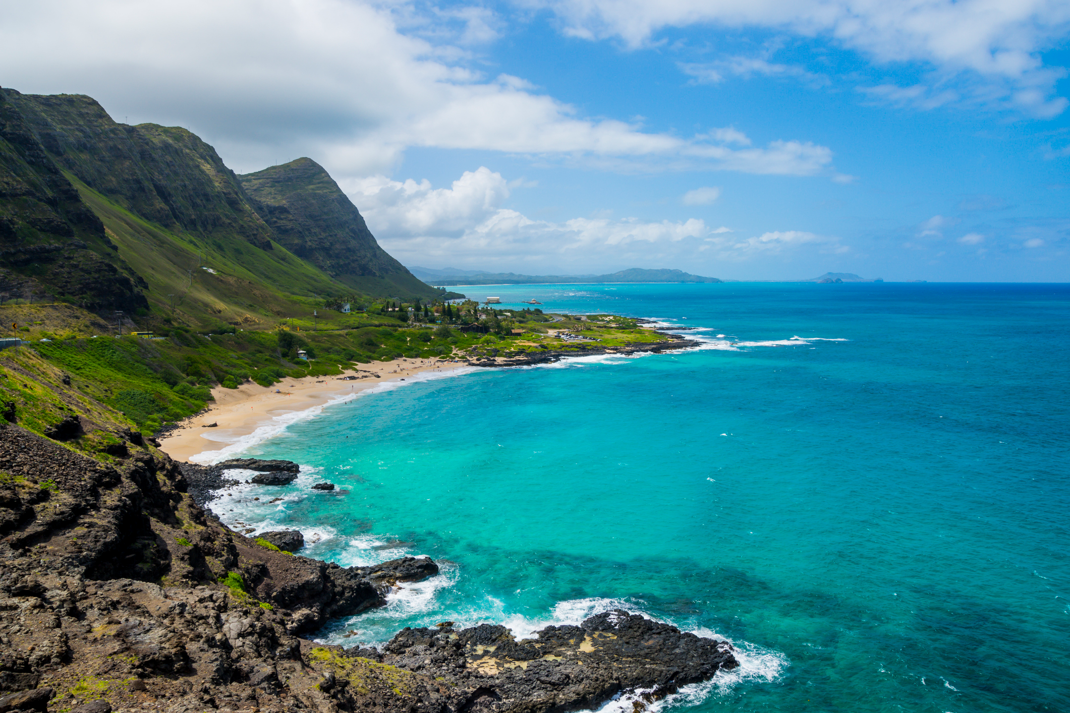 Turquoise bay and rugged coastline on Oahu's windward shore, Hawaii
