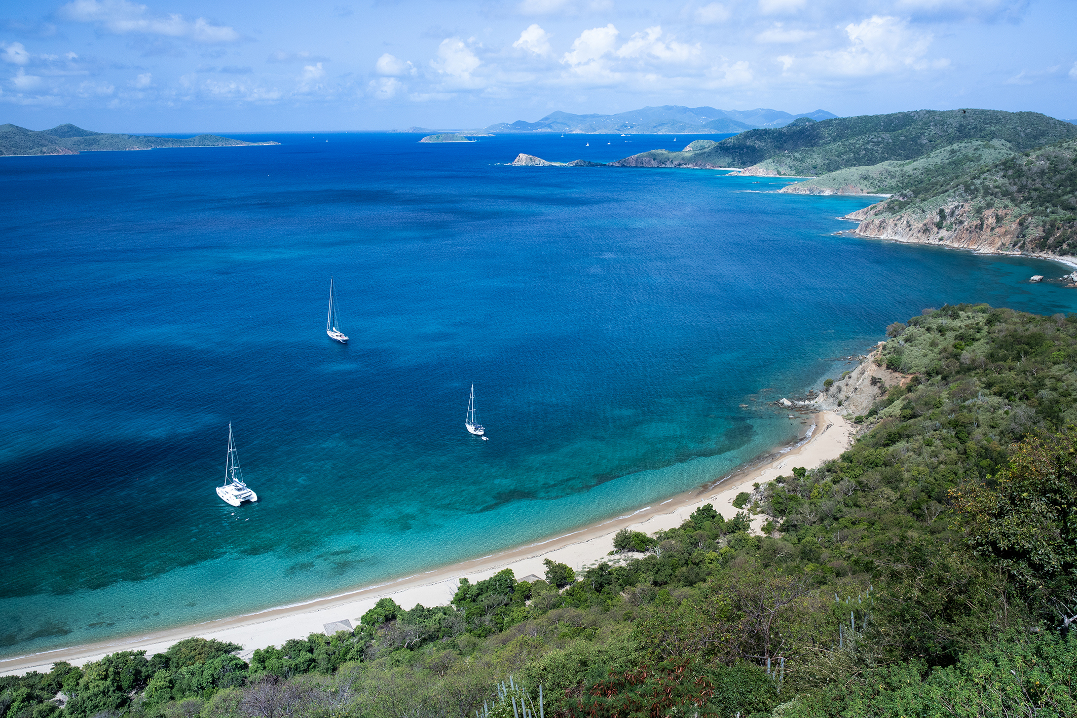 Blue bay dotted with white boats and rimmed by beach and jungle