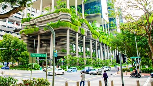 Asia, Singapore, greenery on street corner 