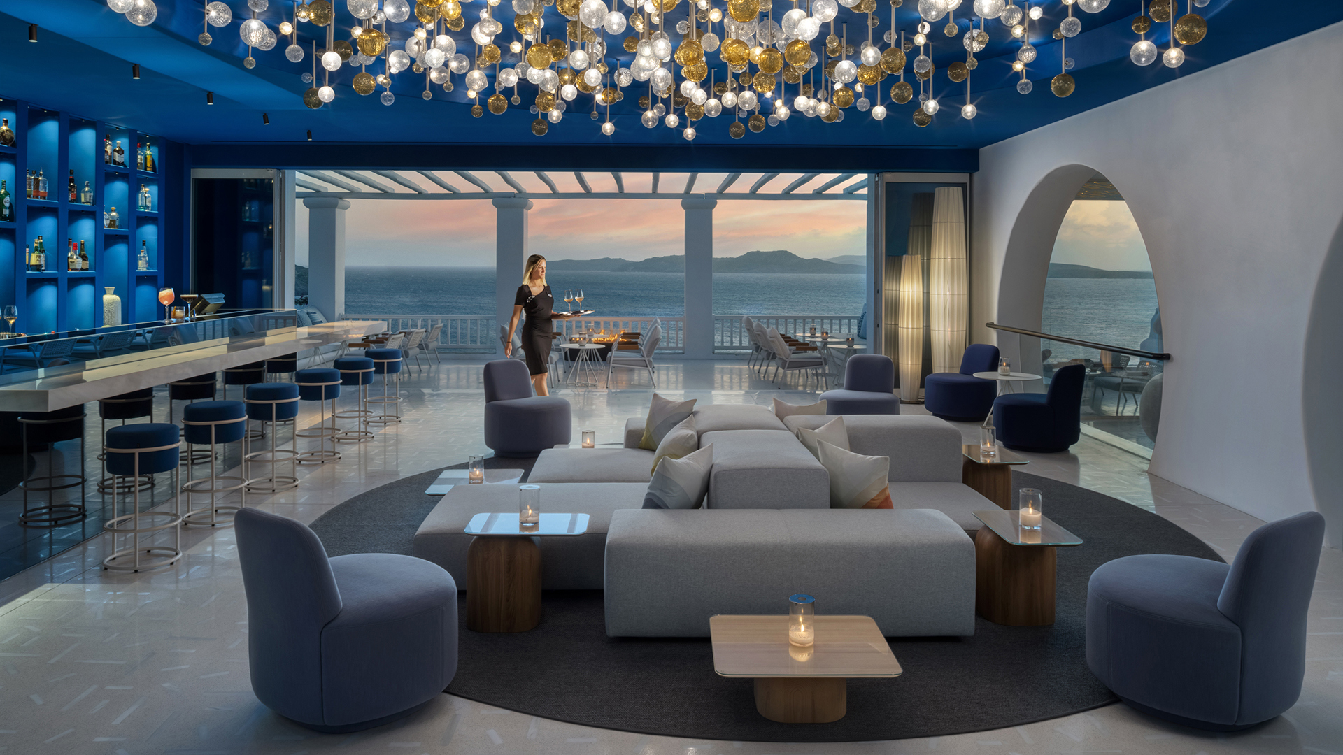 Europe & North Africa, Greece, Mykonos Grand Hotel, Bolla Bar Sunset