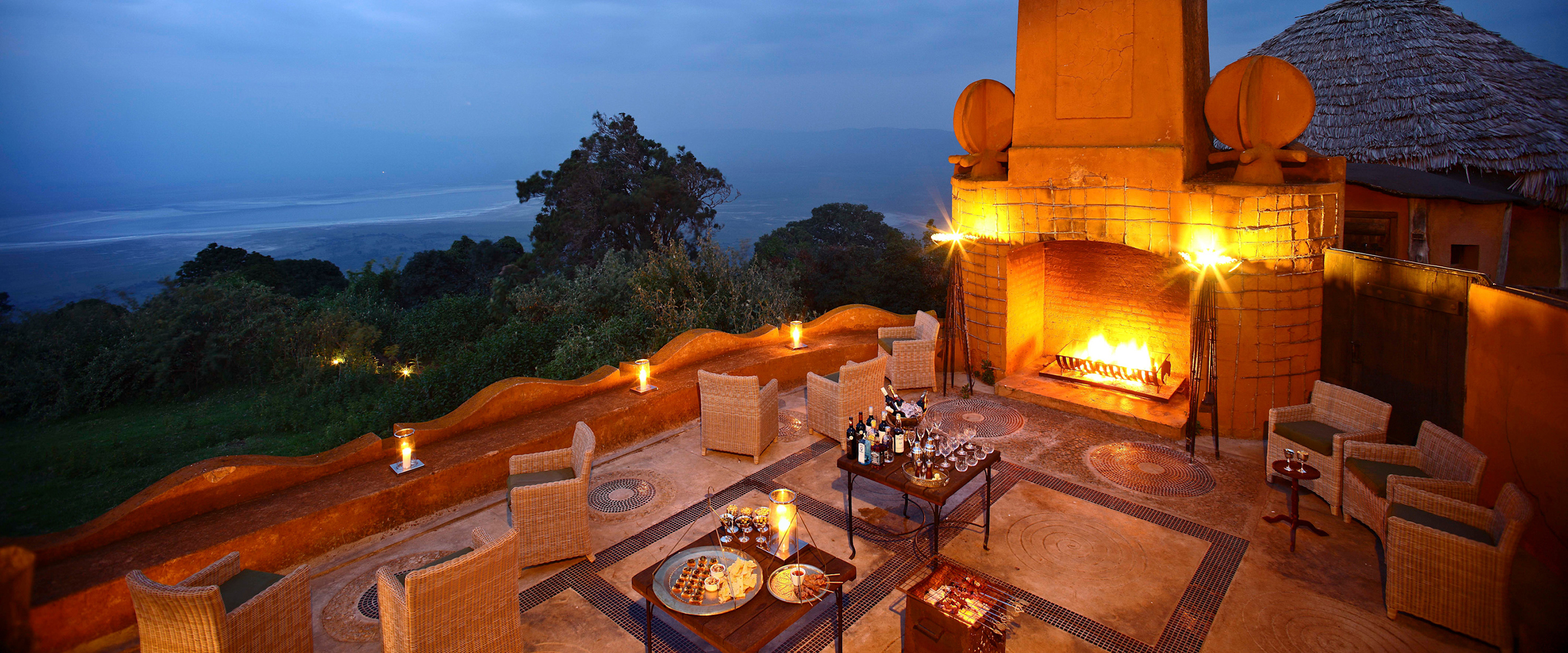 Africa, Tanzania, andBeyond Ngorongoro Crater Lodge, South camp veranda at night