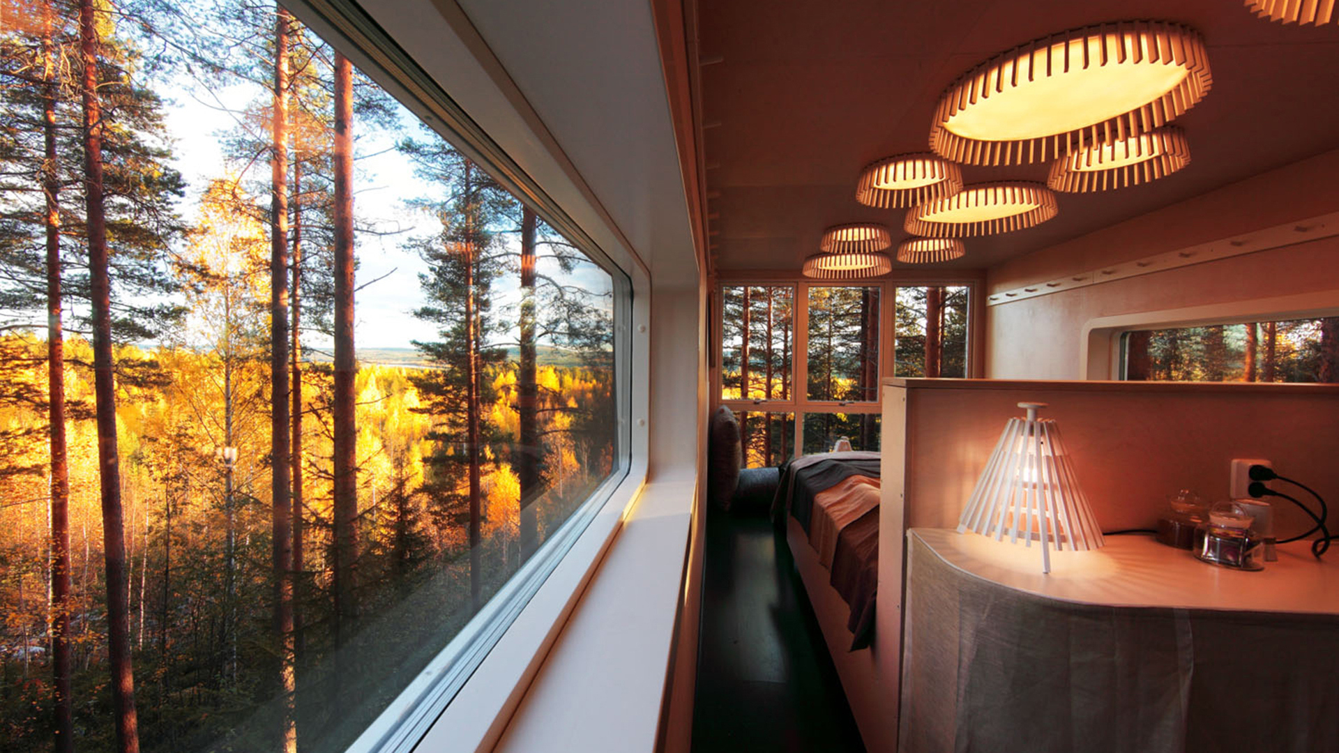 The interior of a room at Treehotel in Sweden