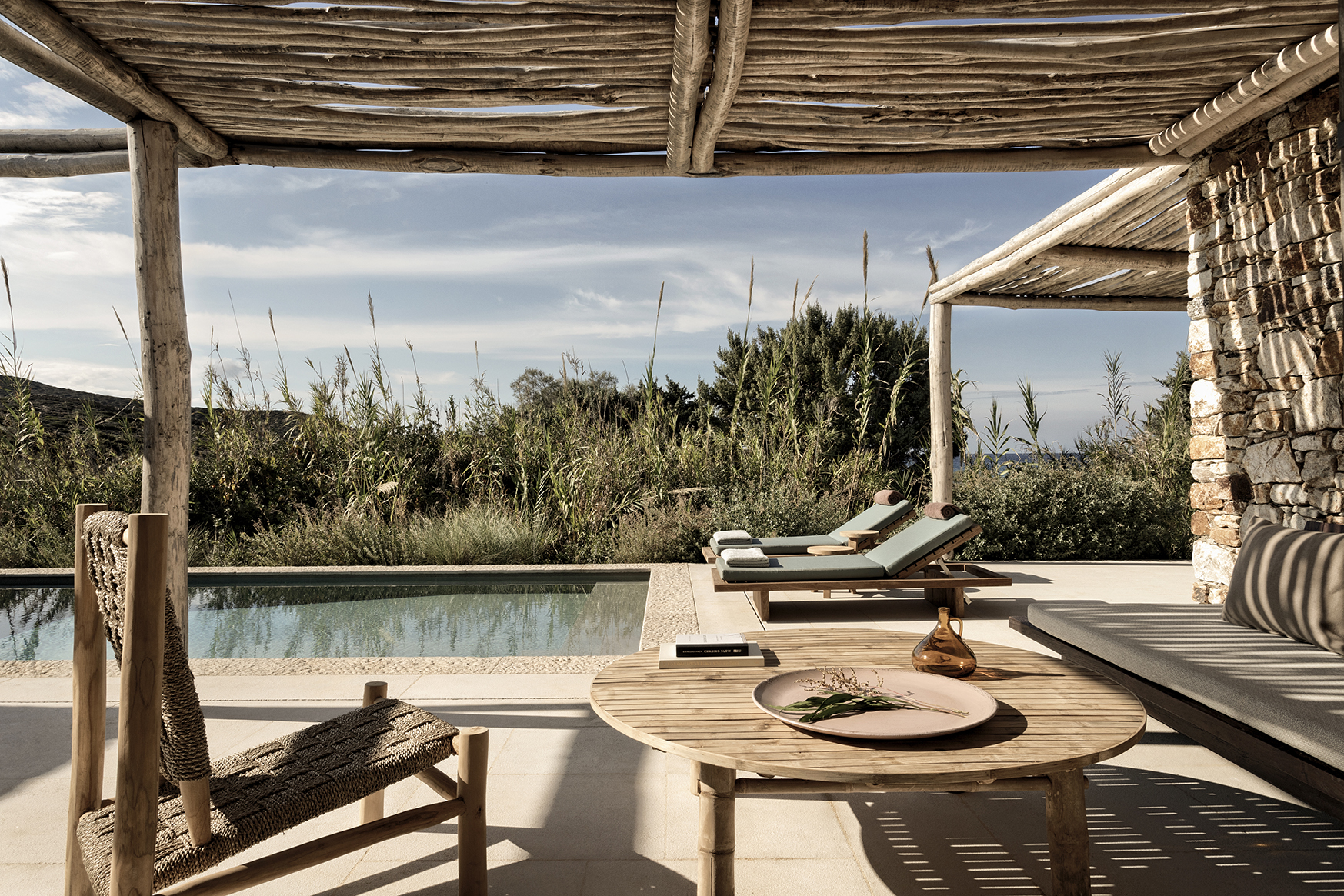 Europe, Greece, Antiparos, The Rooster, private pool and sunloungers