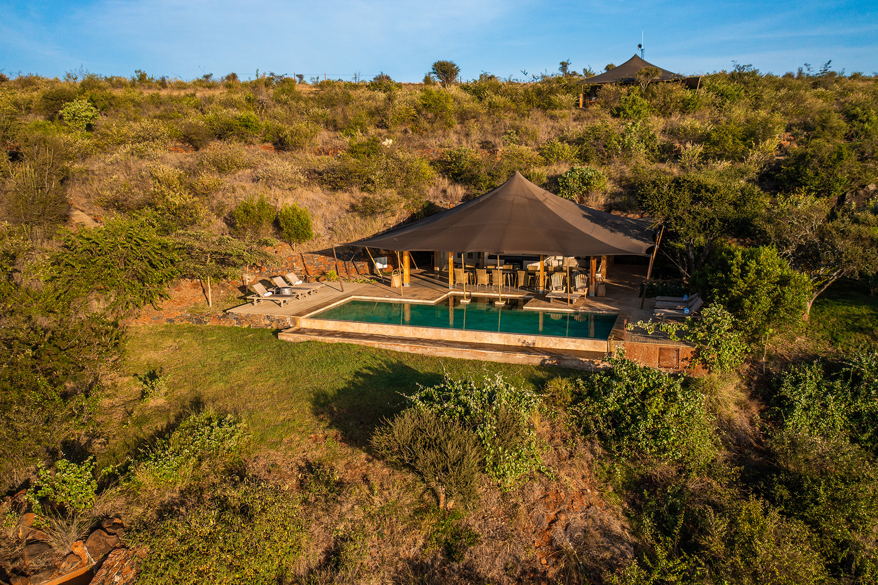 Africa, Kenya, Elewana Loisaba Lodo Springs, main area with pool from above