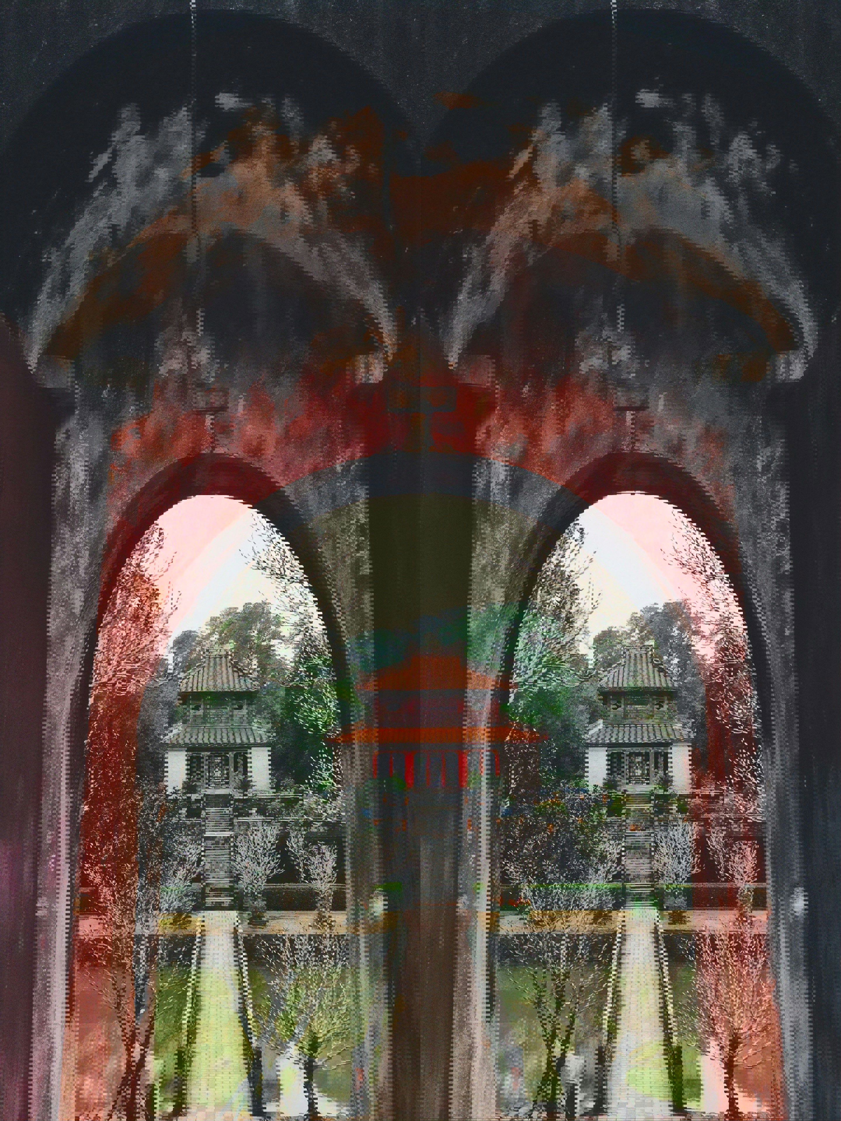 Temple through an archway at The Imperial City in Hue Vietnam