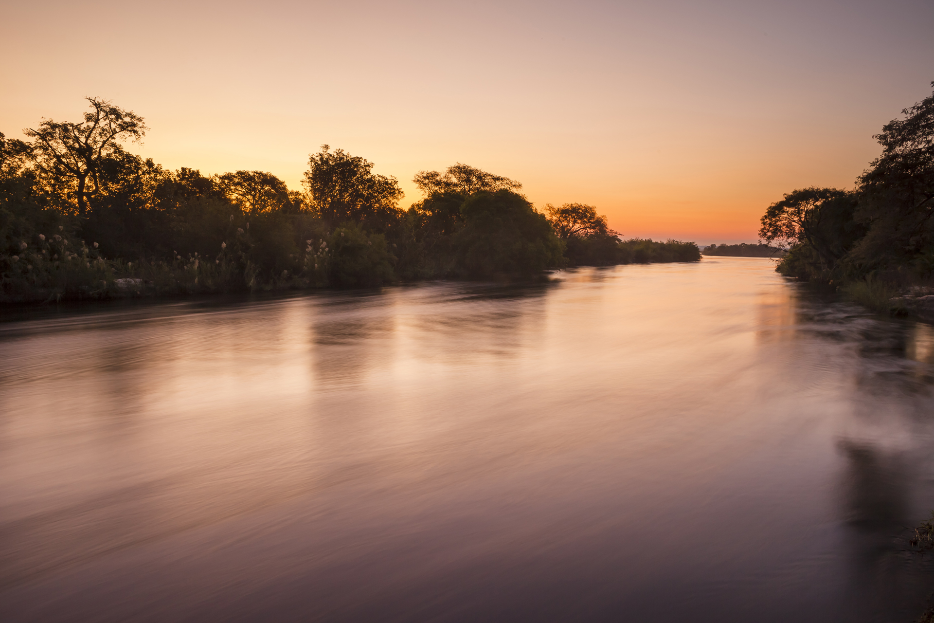 a body of water with trees and a sunset