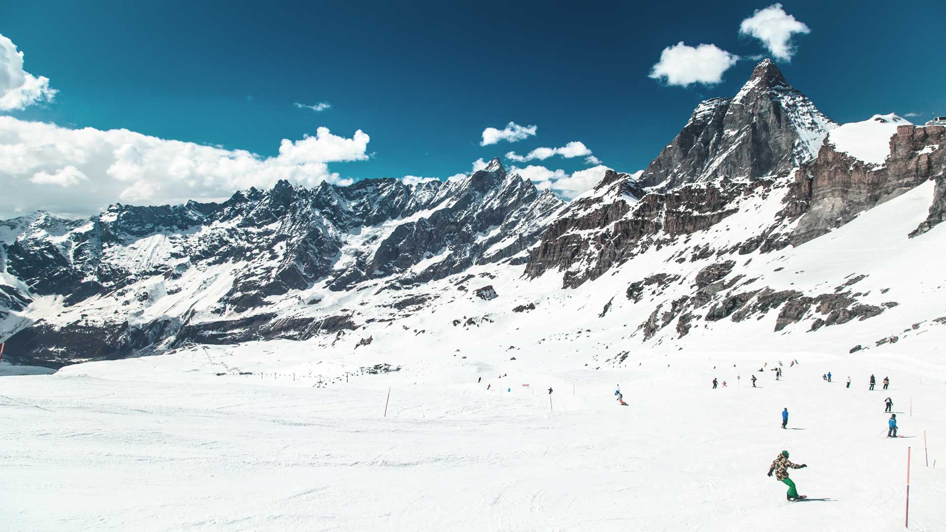Sunny day on the ski slopes of Cervinia