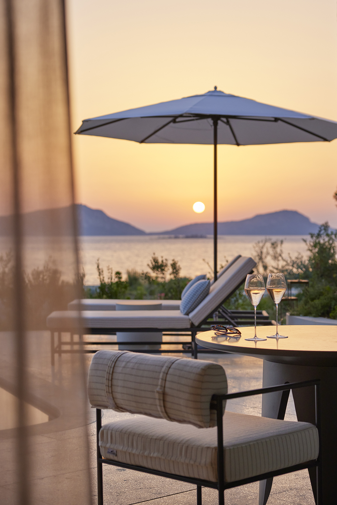 Europe, Greece, Mandarin Oriental Costa Navarino, pool villa sunset