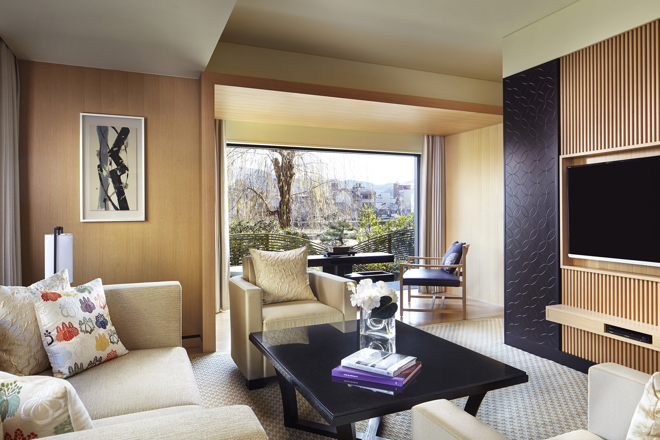 A cosy lounge of a suite at the Ritz-Carlton Kyoto