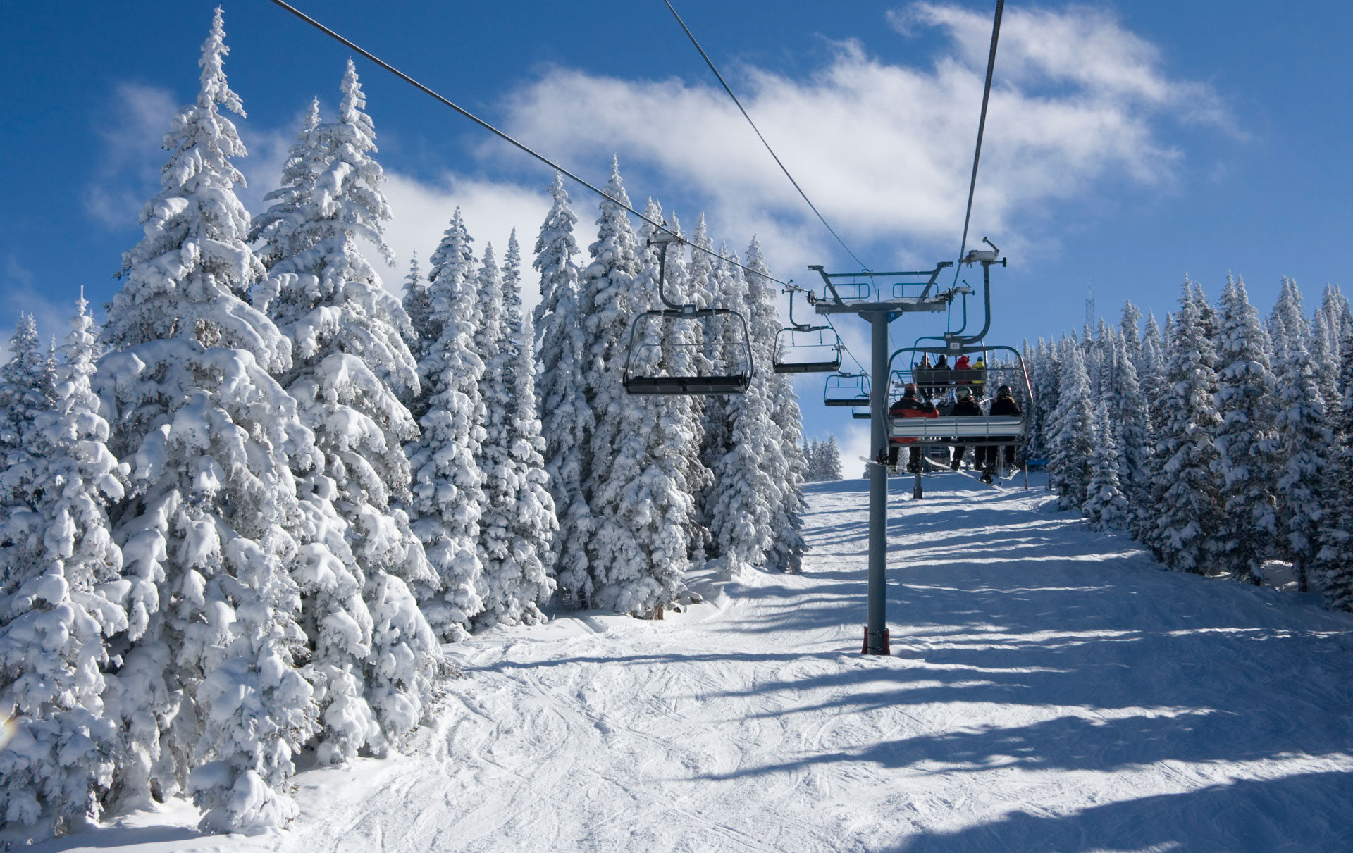 Taking a ski lift up a snowy mountain with snow covered trees on both sides