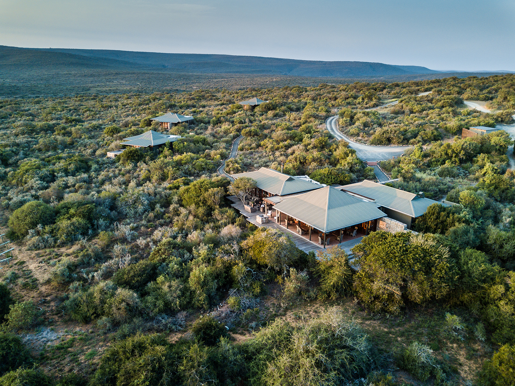 Africa, South Africa, Kwandwe Private Game Reserve, Ecca Lodge, ariel view of lodge