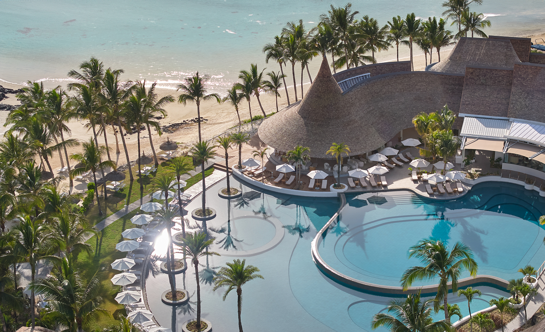 Indian Ocea, Mauritius, LUX* Belle Mare, image from above of pool and beach