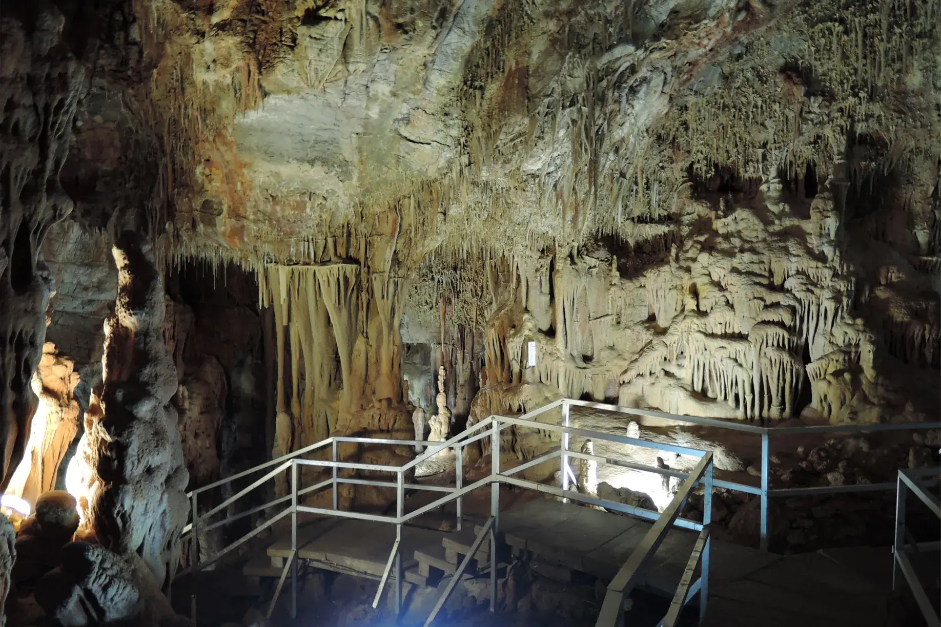 Illuminated interior of Petralona Cave featuring dramatic stalactites, stalagmites, and a wooden walkway for visitors.