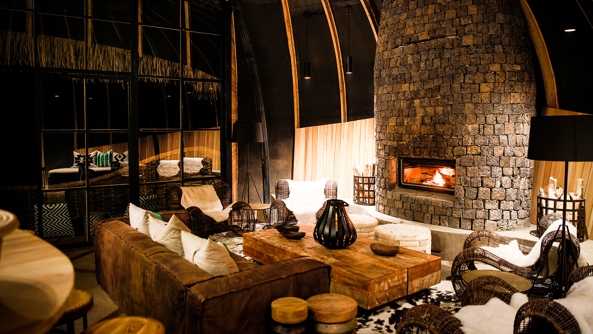  Bisate Lodge in Rwanda, Luxury Lodge in Africa, Lounge Space with Fireplace