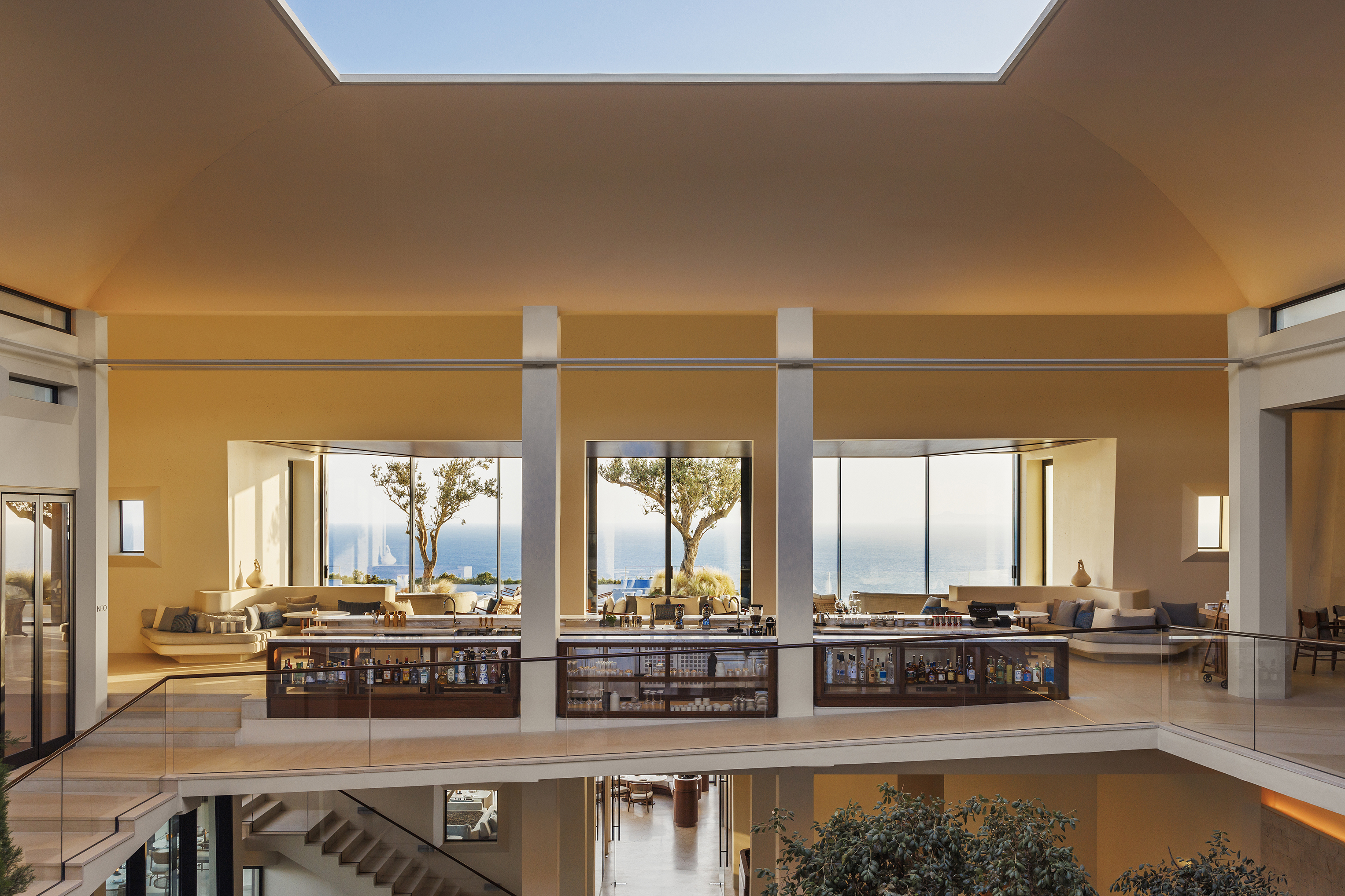 Domed atrium with glass roof and bar 