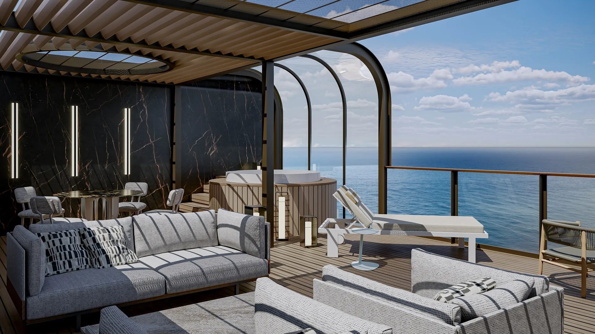 Luxurious outdoor deck lounge with modern furniture, hot tub, and ocean view under a pergola.