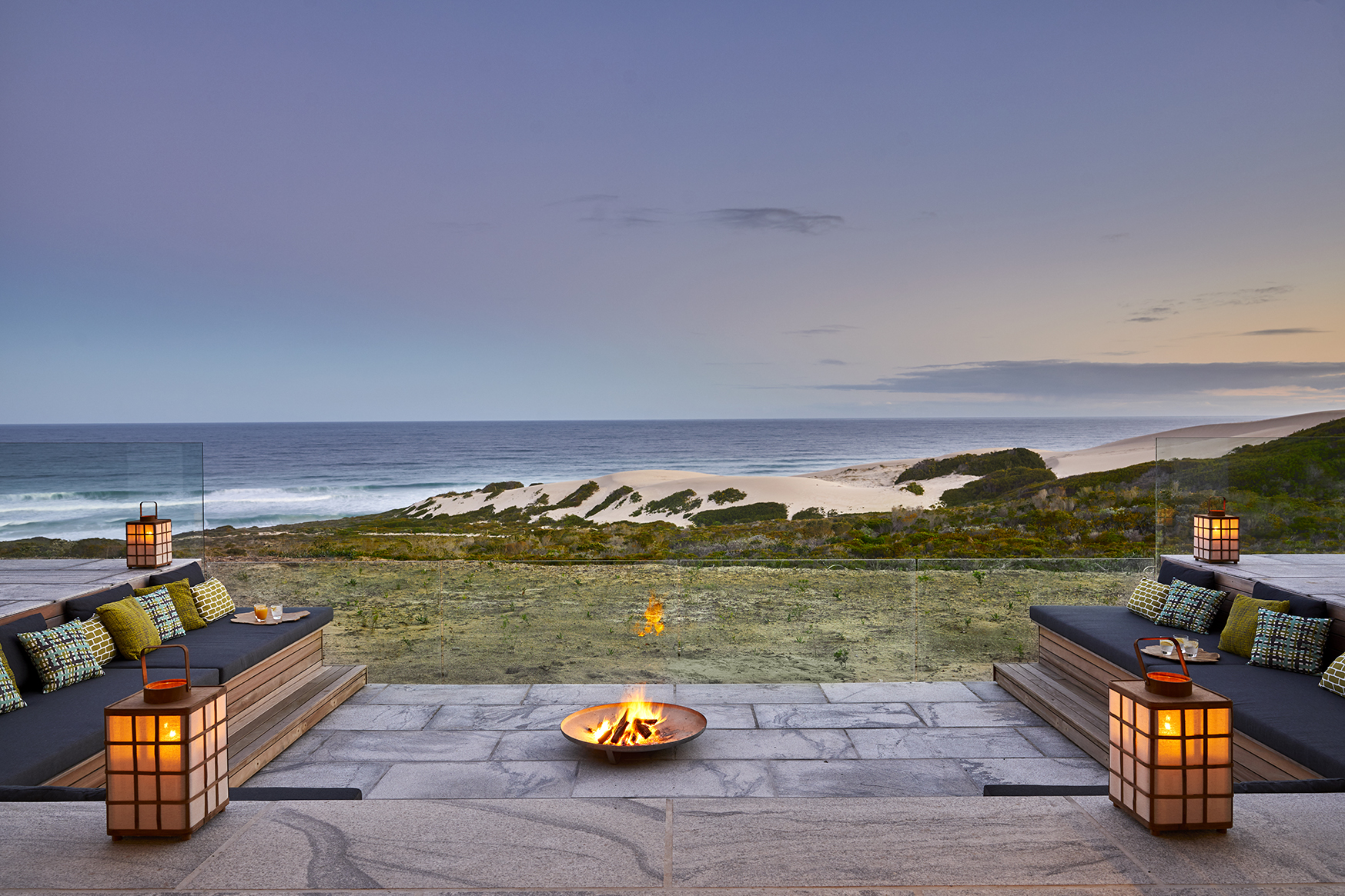 Africa, South Africa, Morukuru Family De Hoop Nature Reserve, Beach Lodge firepit and sea view 
