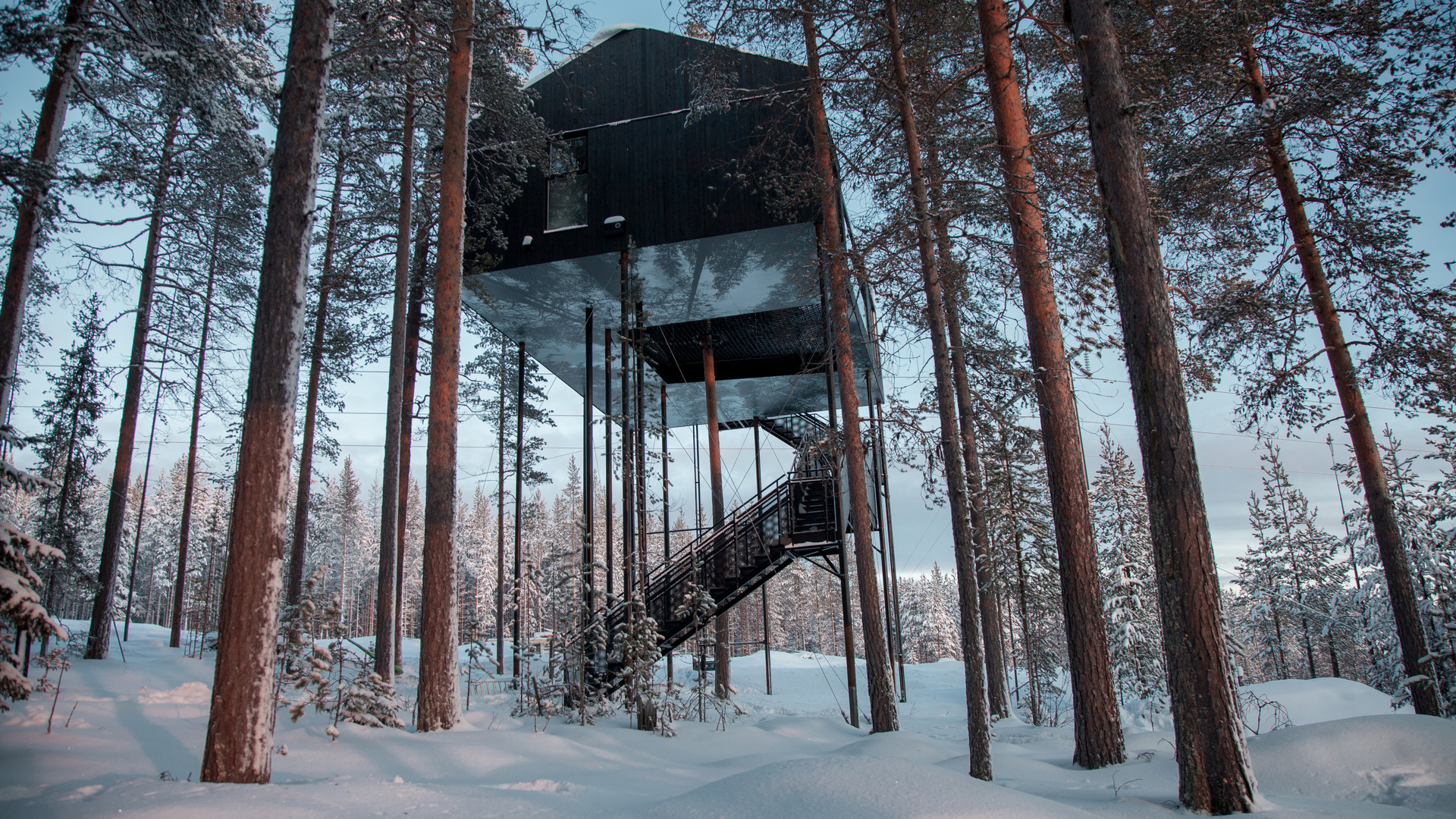 Sweden, Treehotel, 7th Room Exterior in Winter