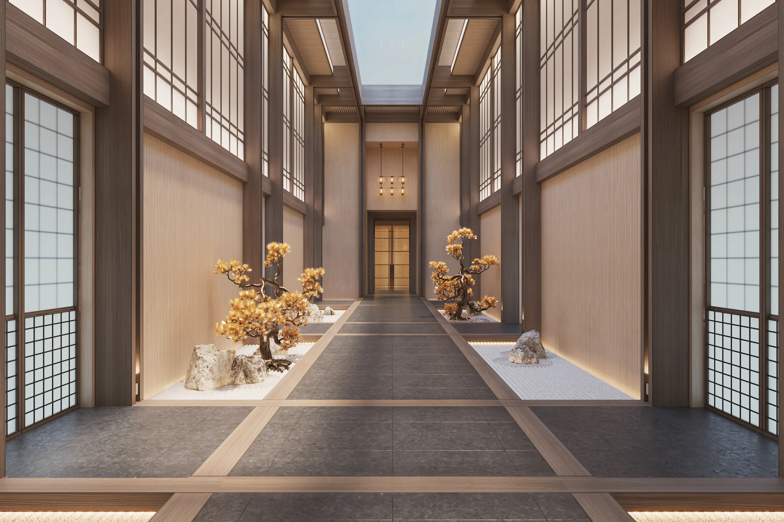Spa courtyard aboard Amangati featuring traditional Japanese style panelled walls, rocks and small orange trees lining a marble path