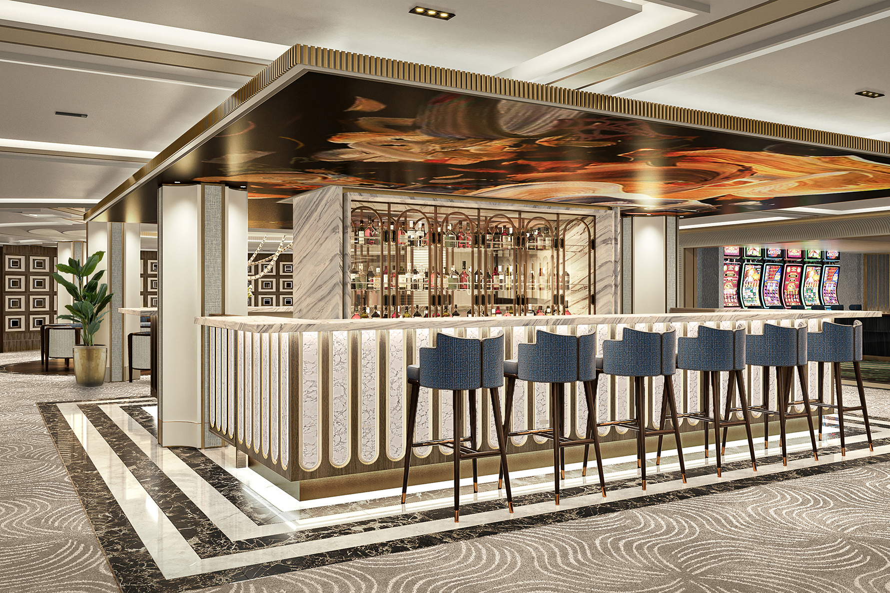 A lavish bar aboard Seven Seas Prestige with a renaissance-style ceiling above a marble bar lined with high stools