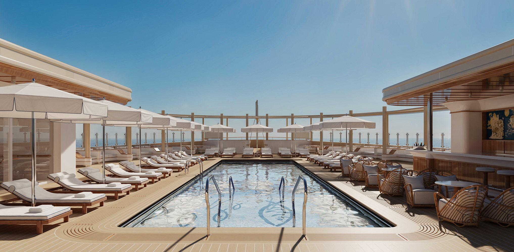 Pool surrounded by sun loungers on the aft terrace of Four Seasons I yacht, looking out to sea