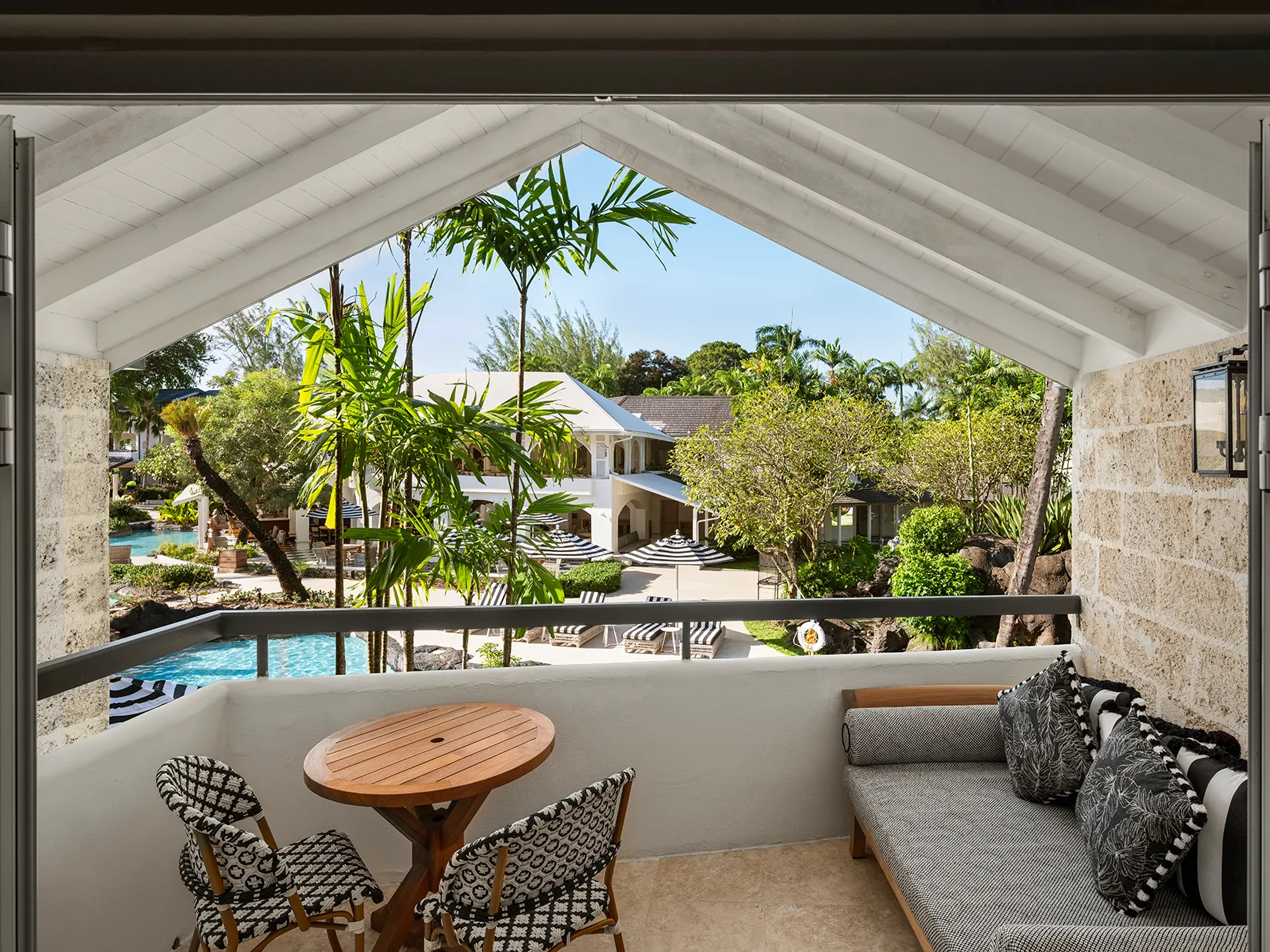 Caribbean, Barbados, Colony Club, private balcony looking out onto the pool