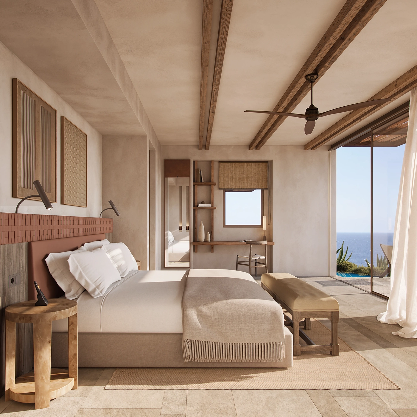 A double bed in a beige coloured bedroom 