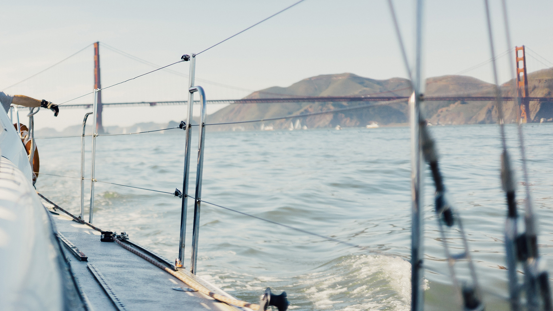 Close up of yacht details with mountains 