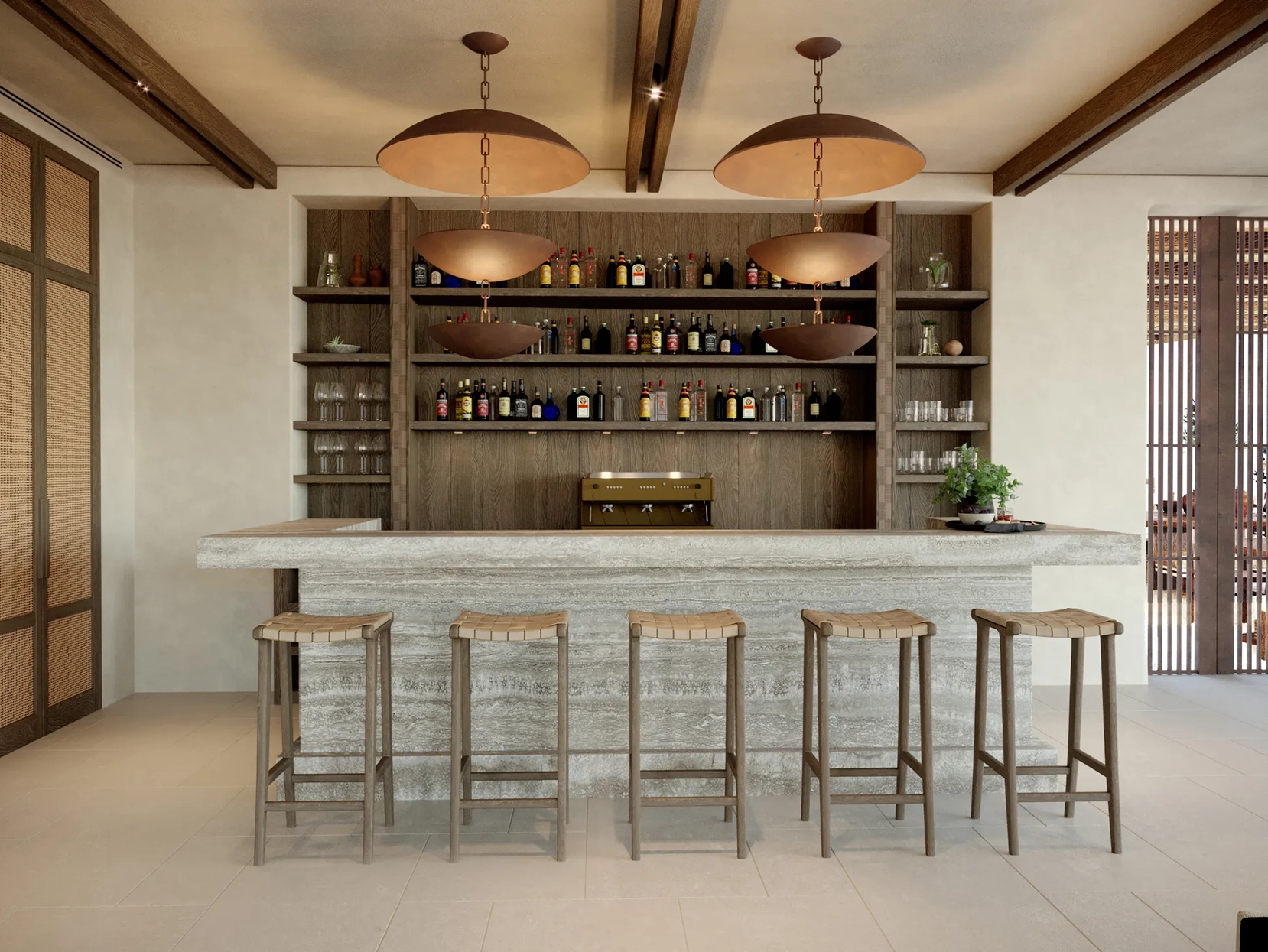 Five stools in front of a bar 
