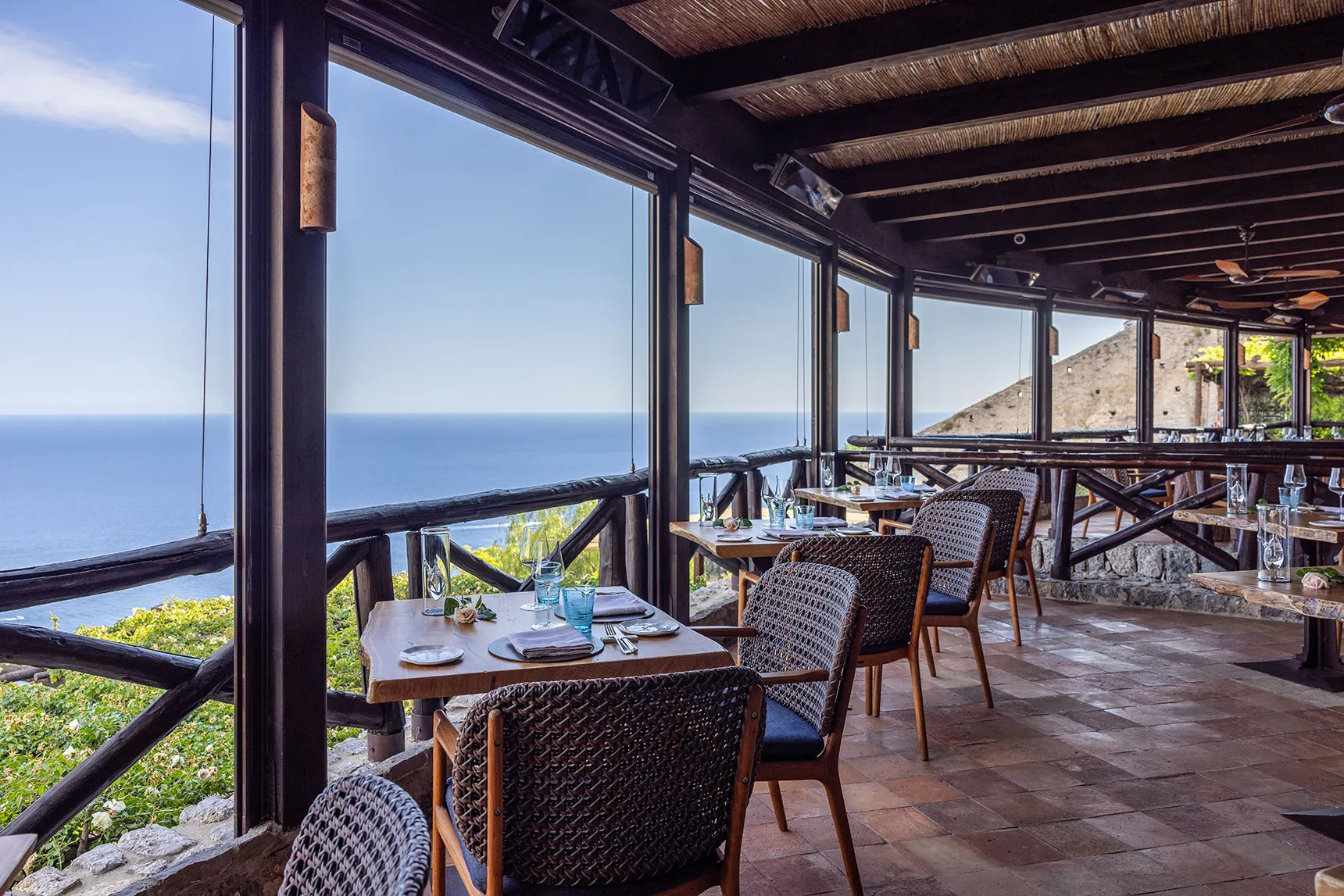 Europe, Italy, Amalfi Coast, Monastero Santa Rosa, restaurant terrace seating with a sea view