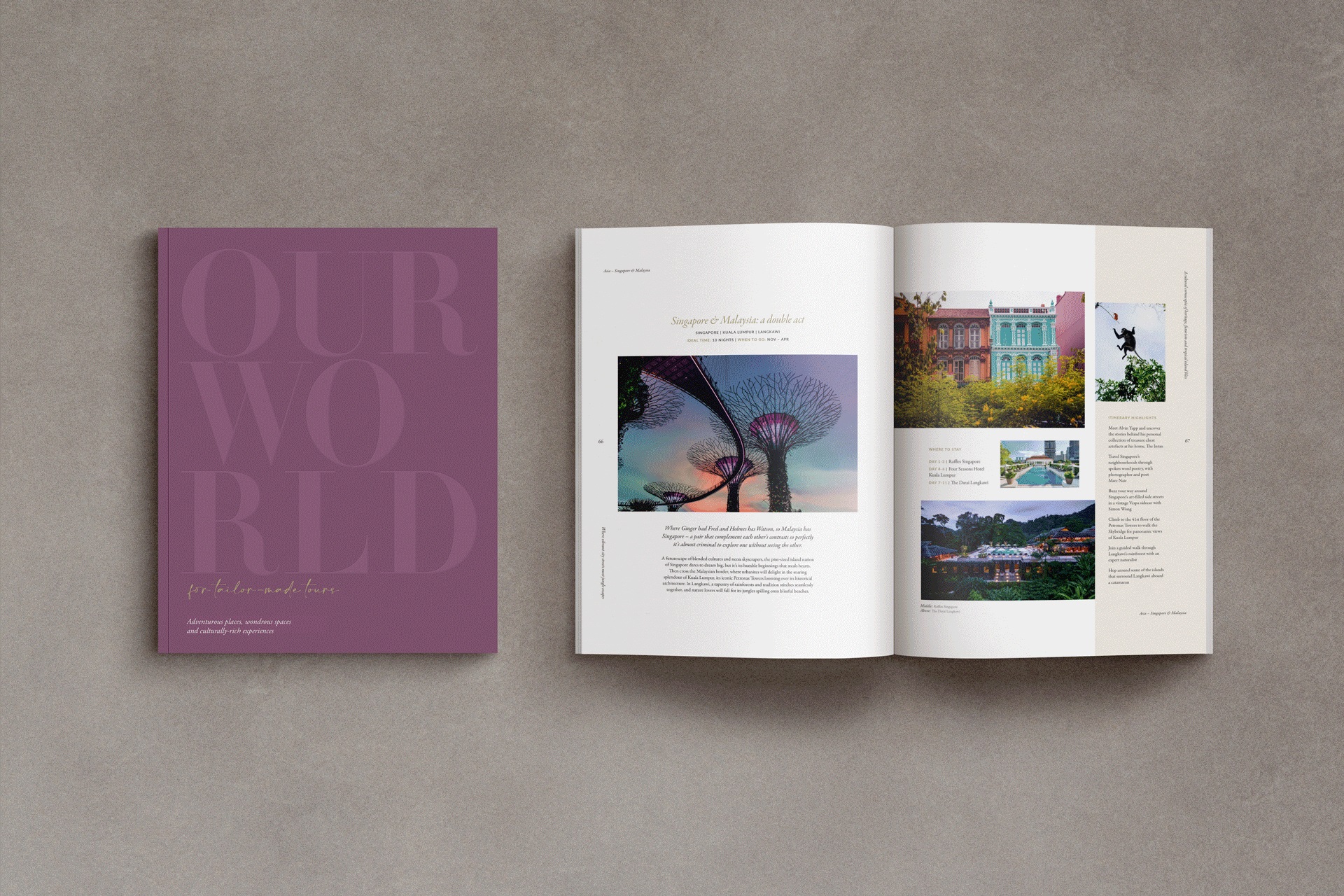 A purple brochure titled "OUR WORLD for tailor-made tours" next to an open book displaying colorful images of various global locations