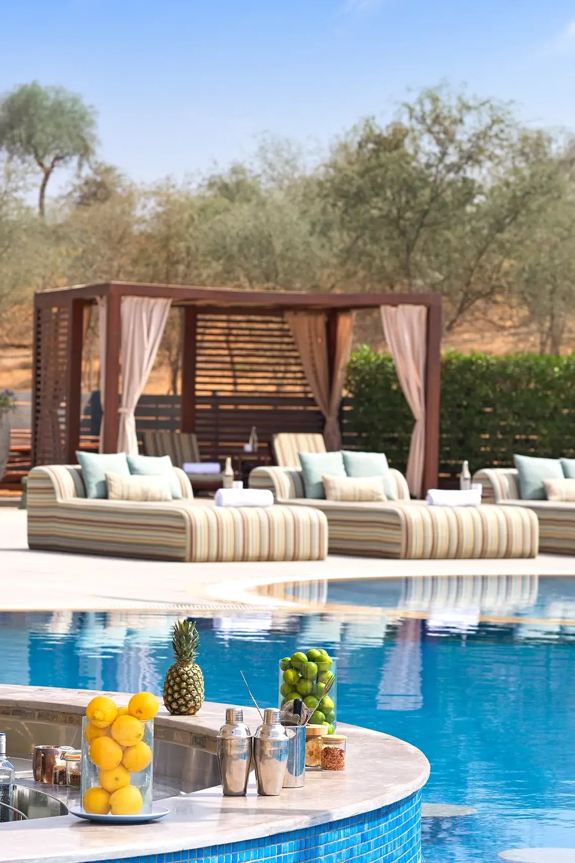 Poolside cabanas and swim-up bar with fresh fruits at The Ritz-Carlton Ras Al Khaimah, Al Wadi Desert.