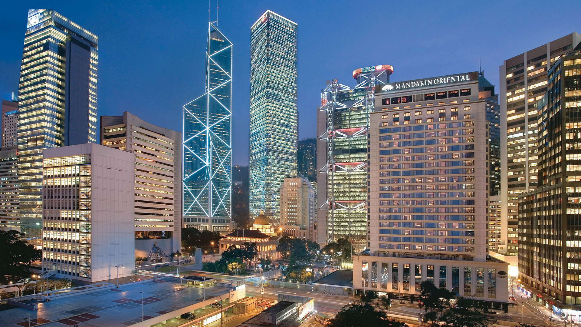 Asia, Hong Kong, Mandarin Oriental Hong Kong, Exterior view at night