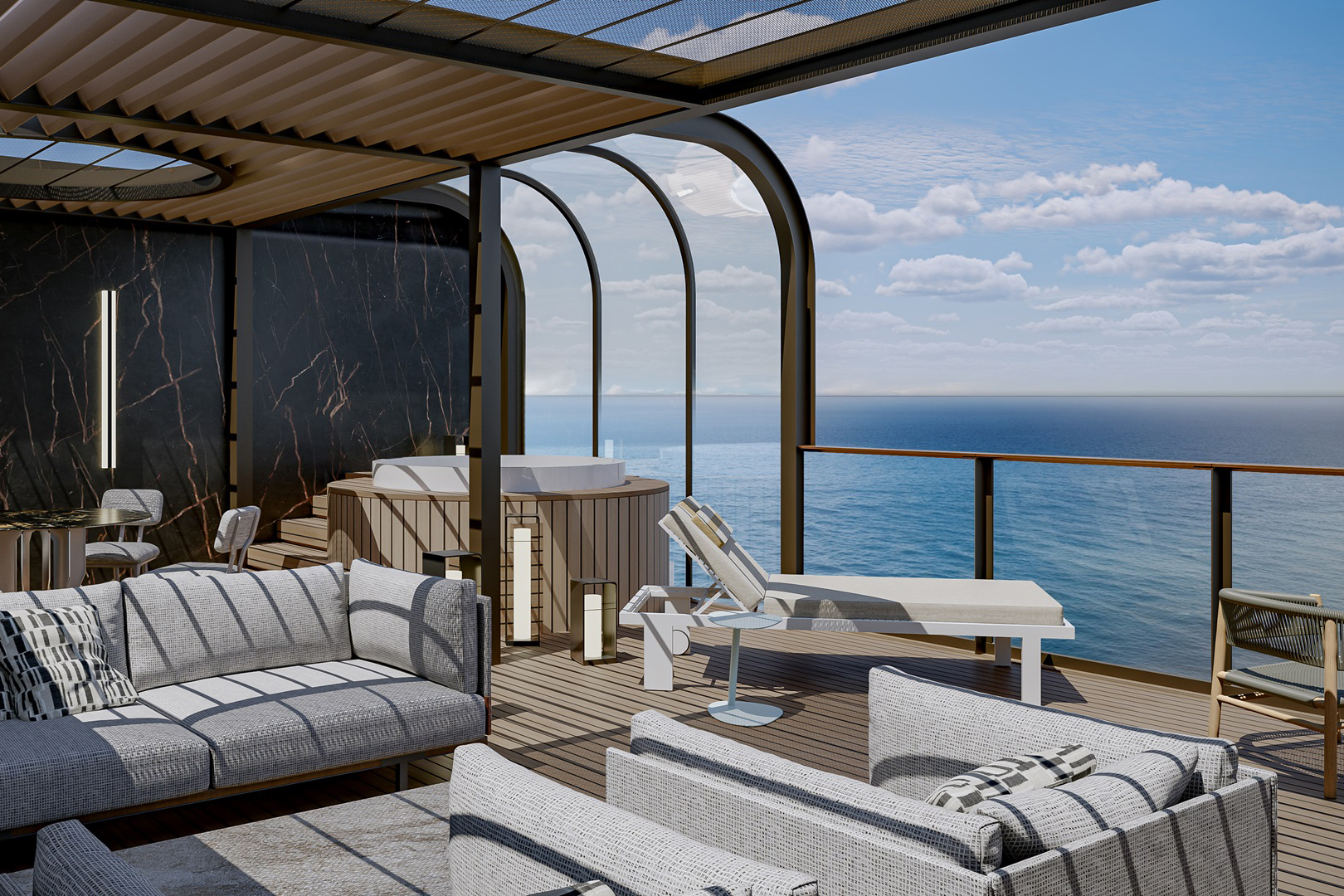 The roomy terrace of a Mater Suite aboard Seven Seas Prestige featuring comfy grey furniture and a hot tub with views of the ocean