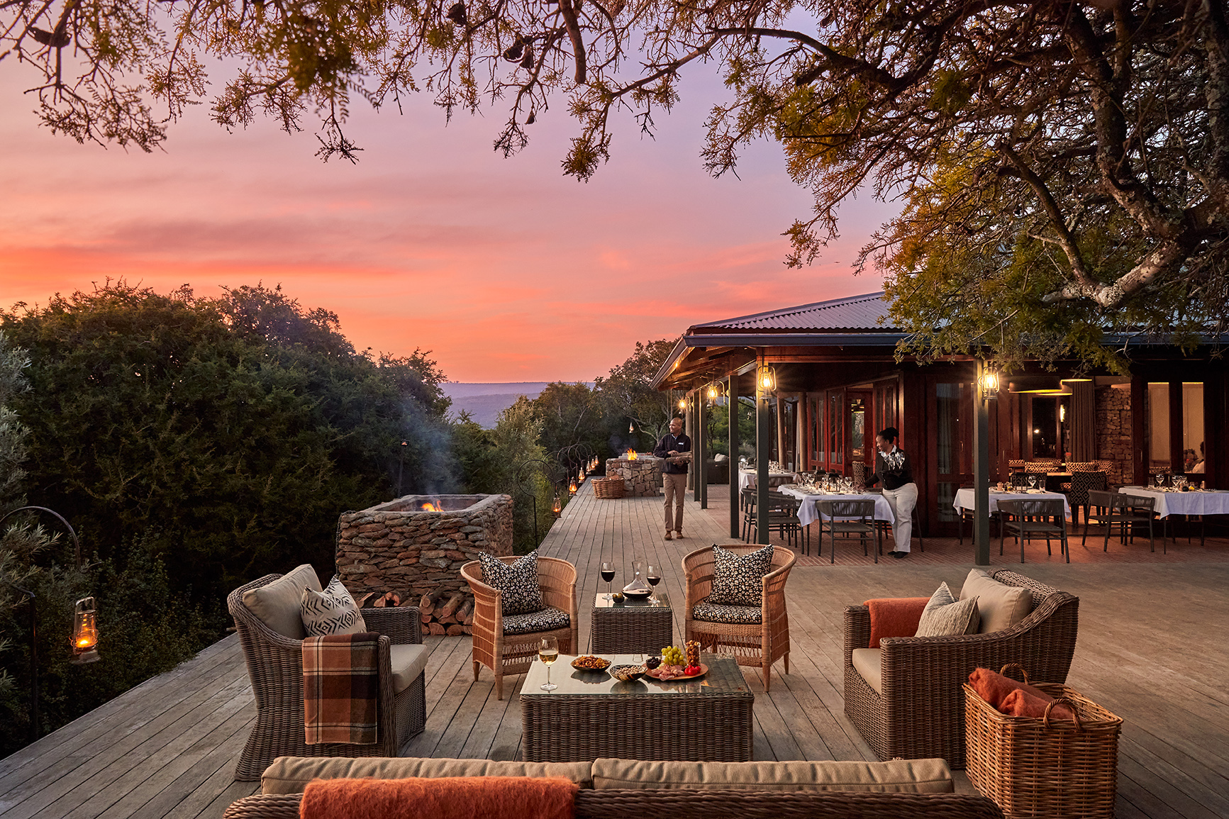 Africa, South Africa, Kwandwe Private Game Reserve, Ecca Lodge, outdoor seating at sunset