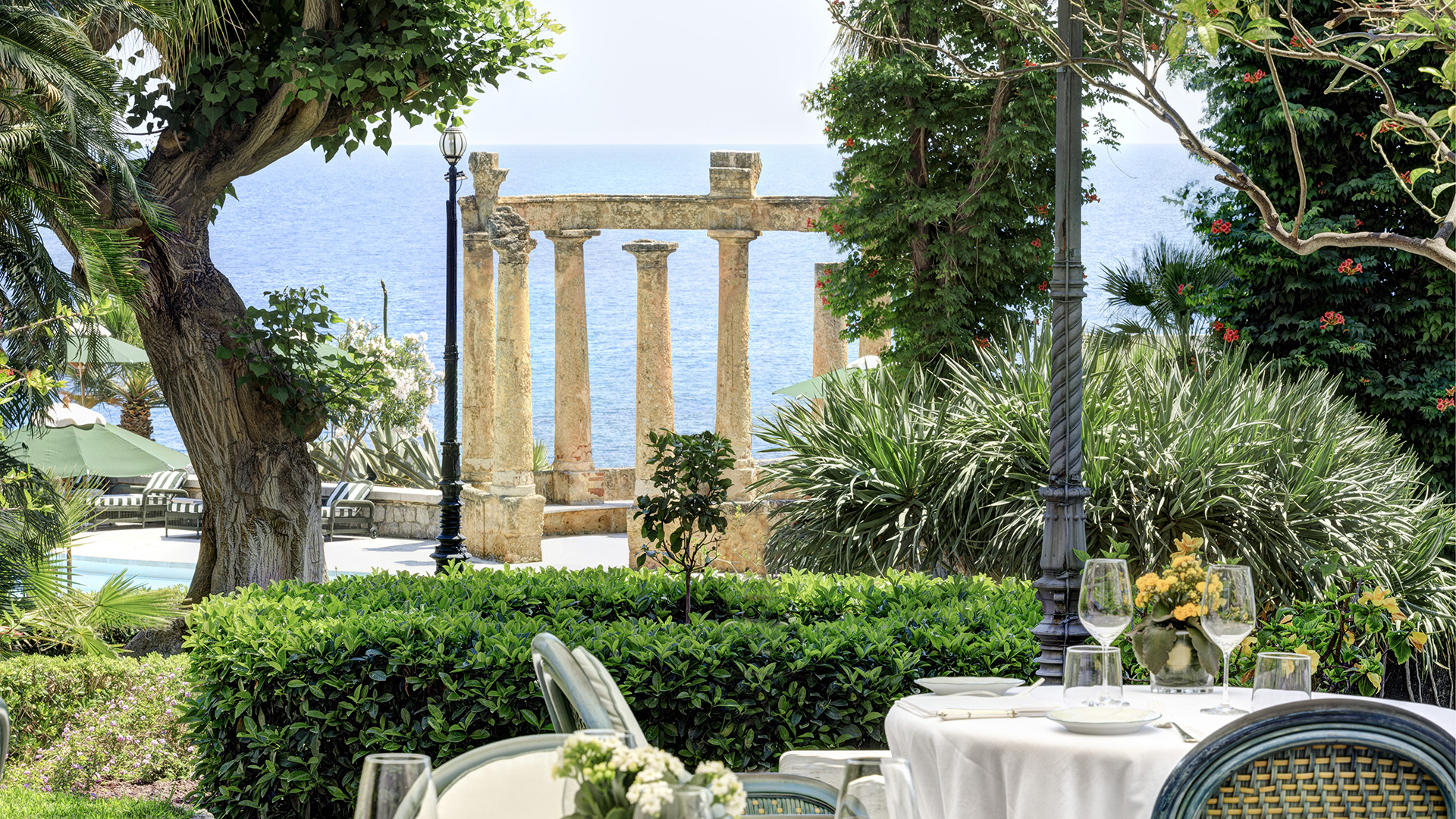 Europe, Italy, Sicily, Villa Igiea Rocco Forte, dining room view of columns out to sea