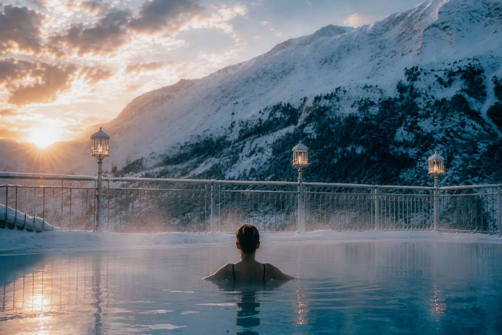 An person in an outdoor pool with clear blue water overlooking snowy mountains under a bright evening sky at the Gourmet and Wine Hotel Austria
