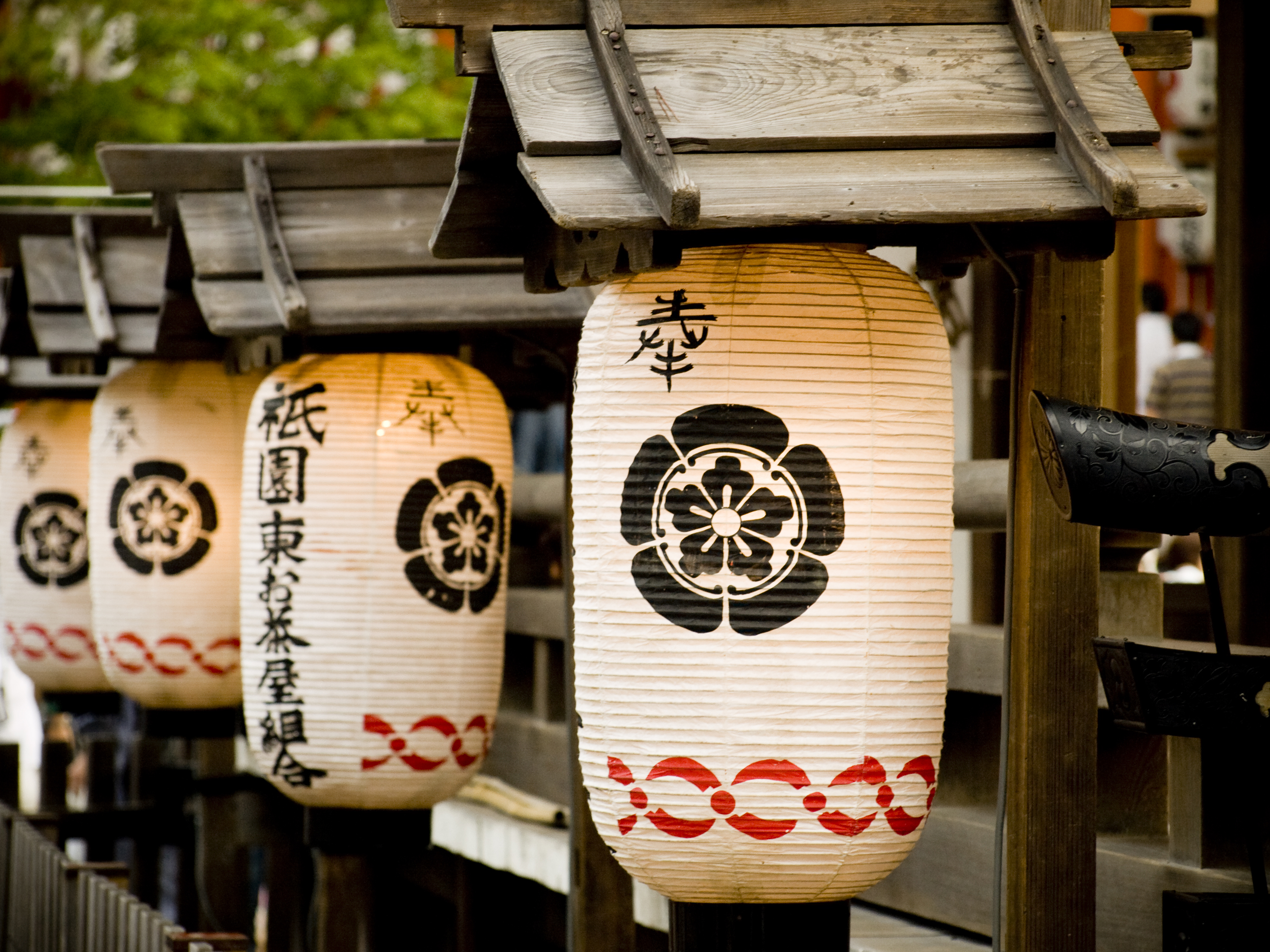 Traditional Japanese lanterns hanging from wooden structures