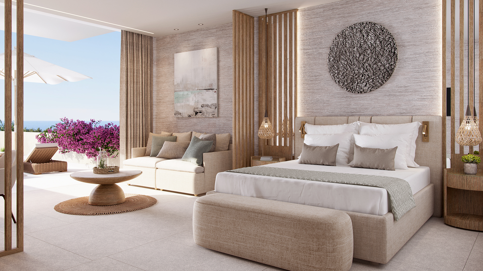 Bed and lounge area of Junior Bungalow Suite