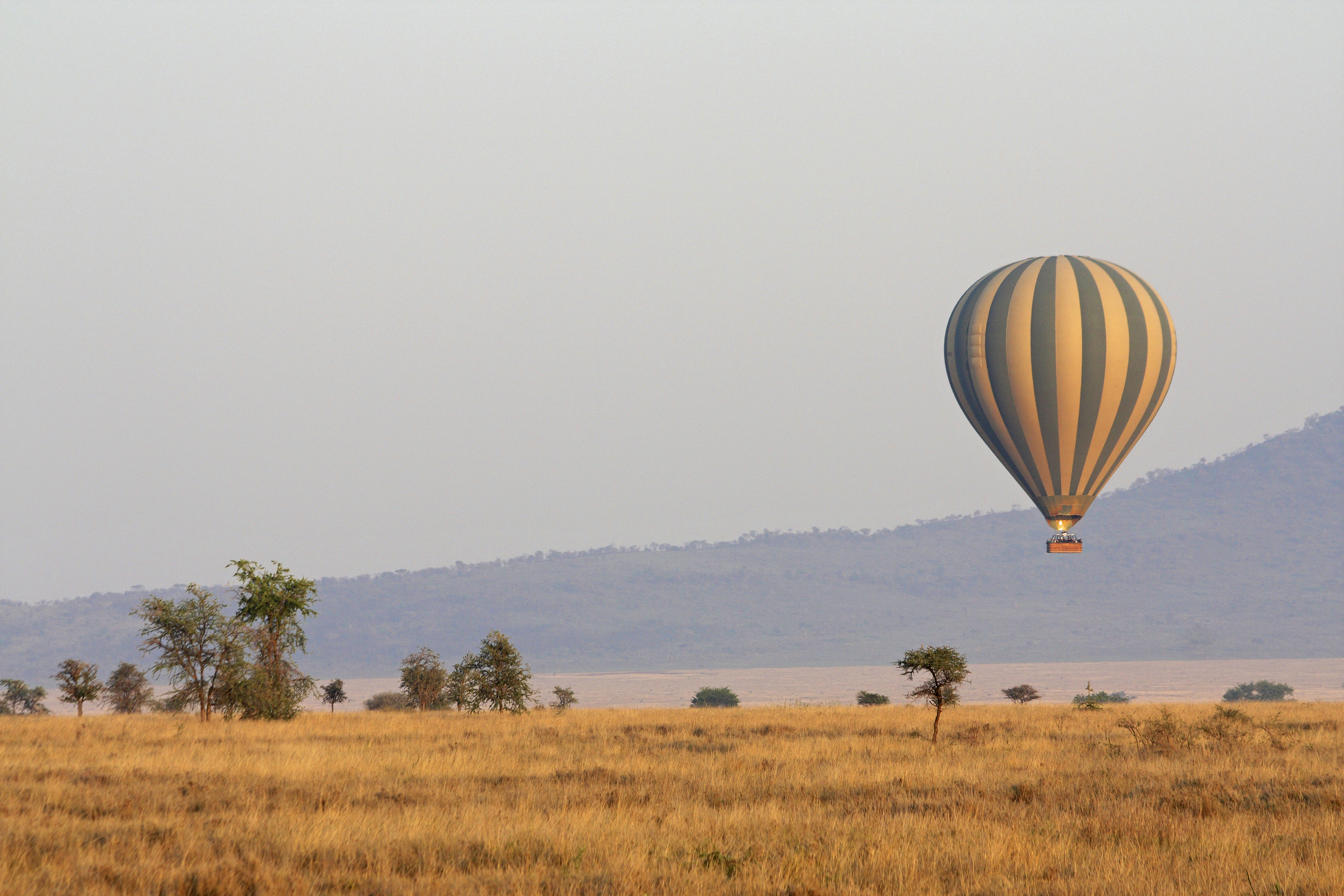 A hot air balloon flying above grassy plain
