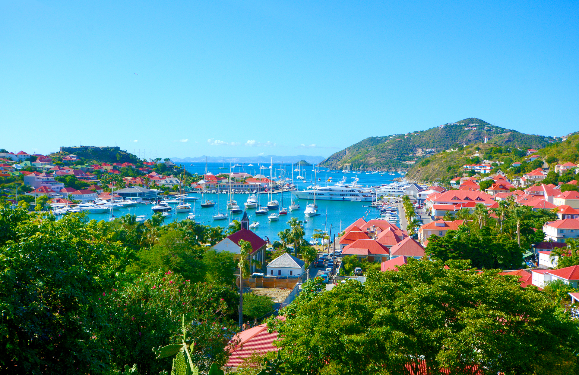 Yacht docks with red roofed buildings and trees on the surrounding land